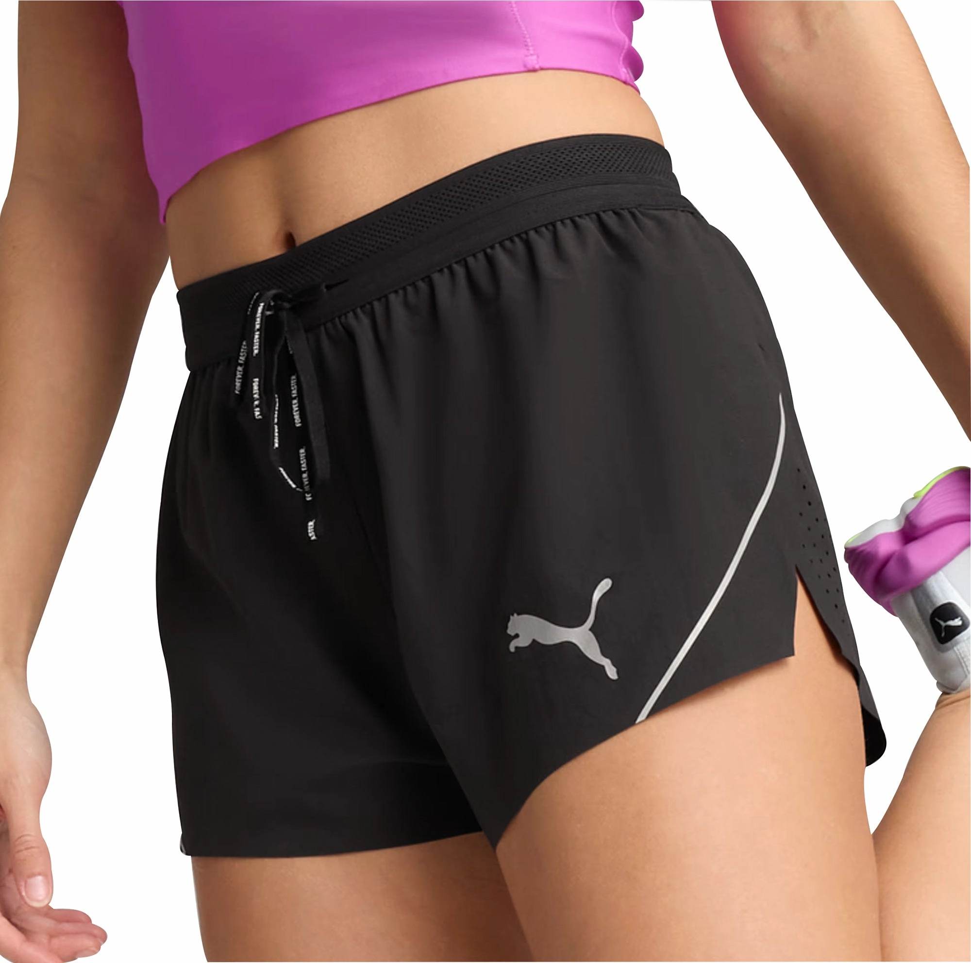 Easy Care Material Airy Design Puma Raceday UltraWeave 3 Inch Womens Split Running Shorts - Black