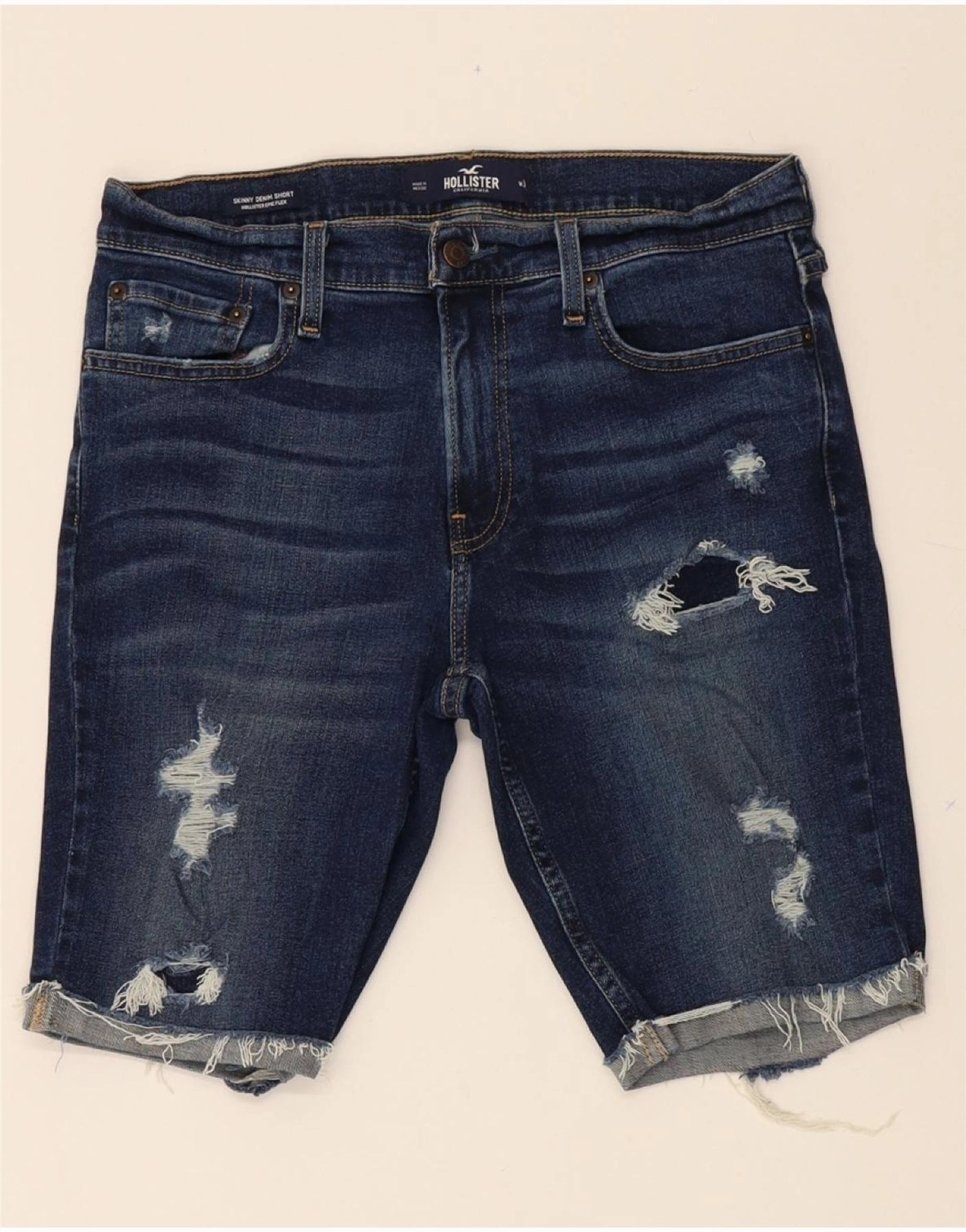 HOLLISTER Mens California Distressed Skinny Denim Shorts W32 Medium Blue Low-waisted Quick Access Cargo Pockets