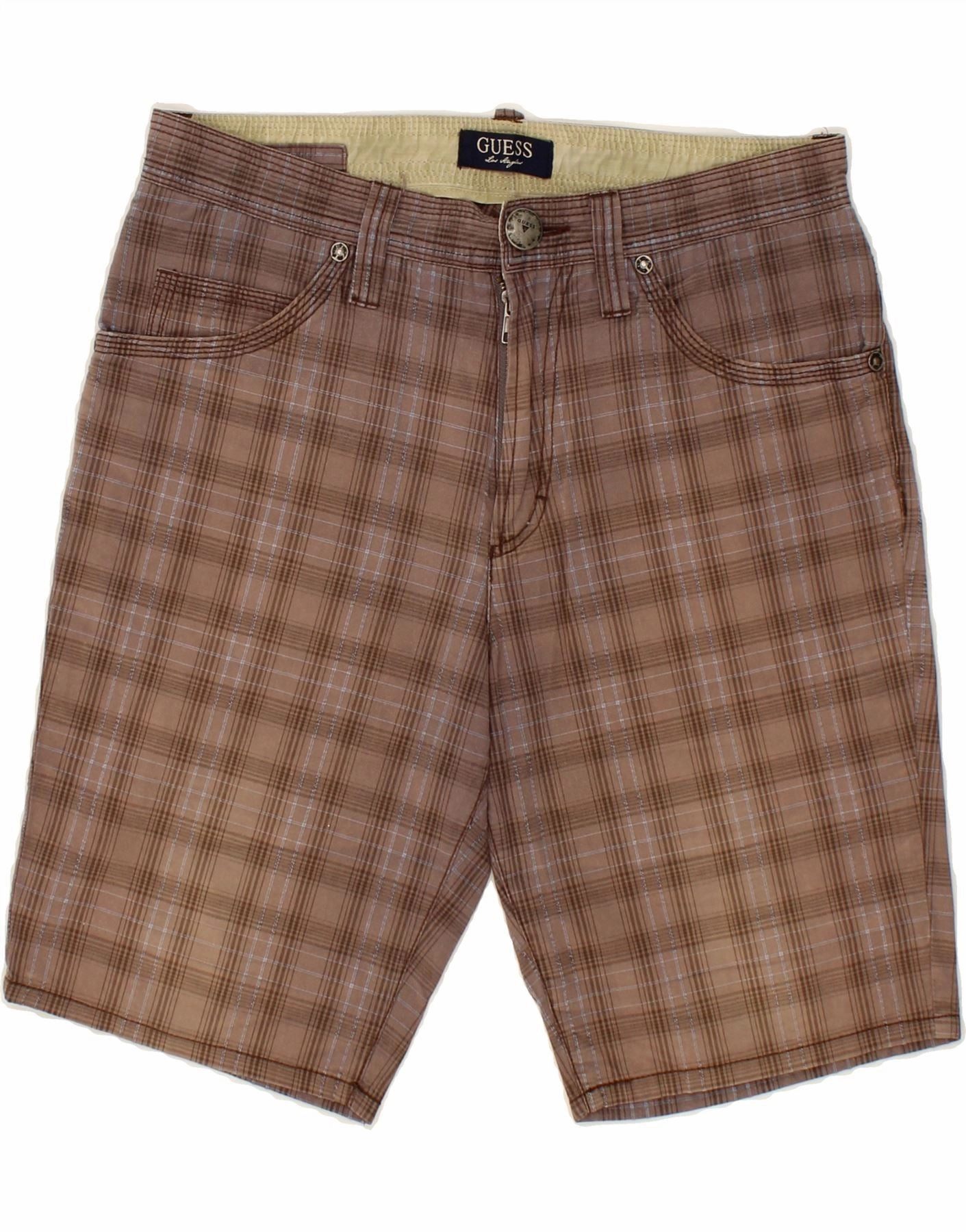 GUESS Mens Casual Shorts W29 Medium Brown Check Cotton DoubleStitchedSeams