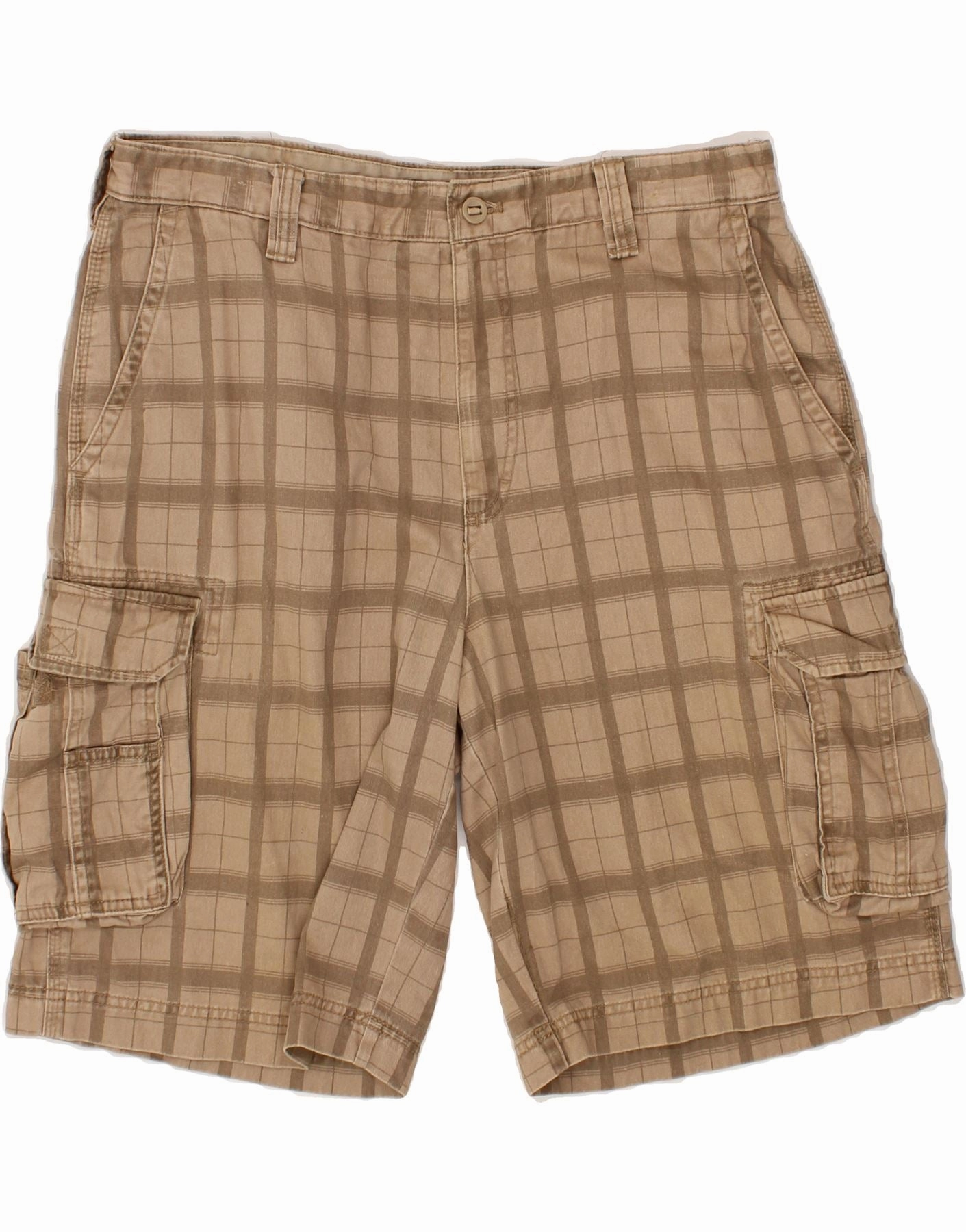 IZOD Mens Cargo Shorts W36 Large Beige Check Cotton Workwear Ventilated Panels