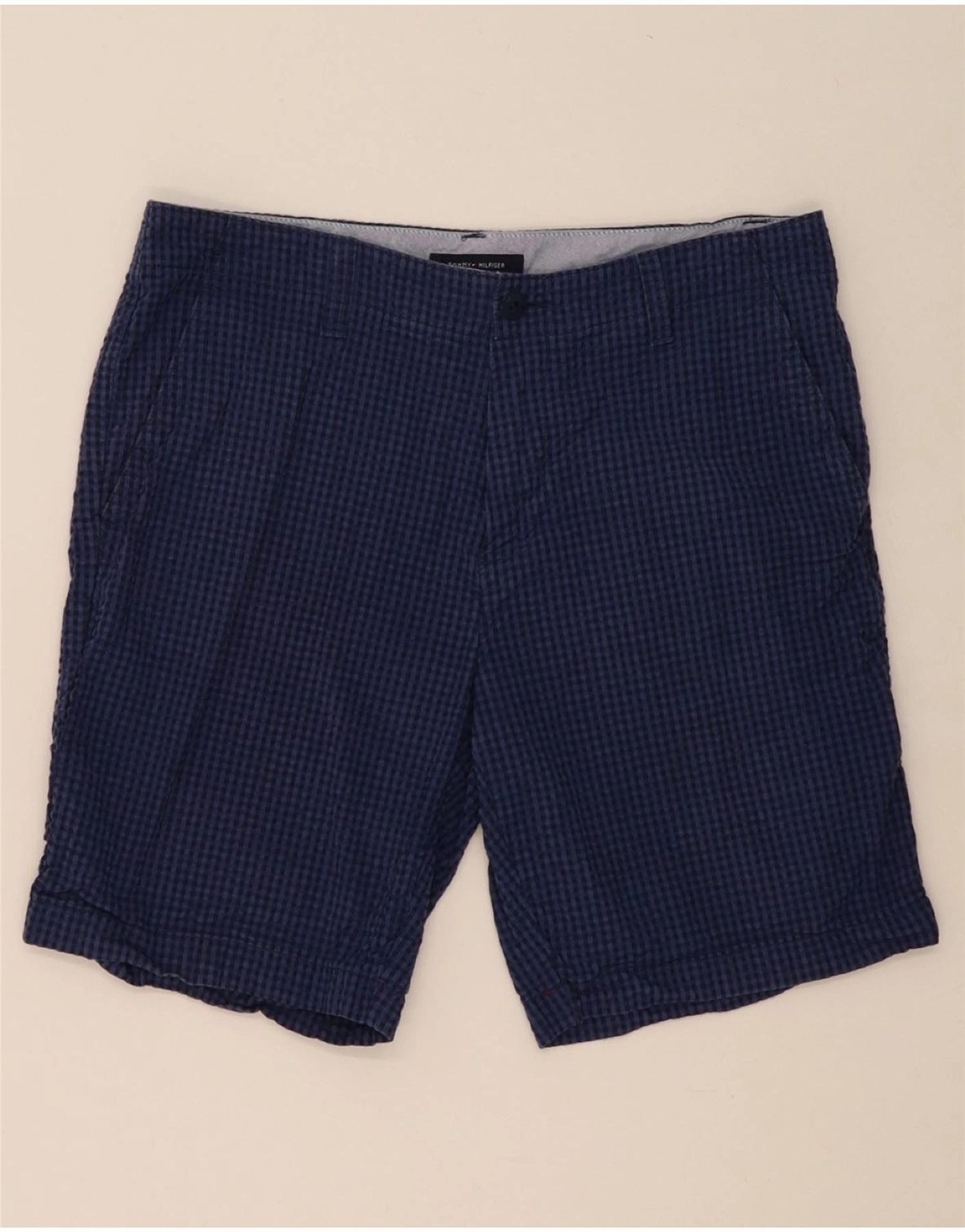 TOMMY HILFIGER Mens Chino Shorts W34 Large Navy Blue Gingham Cotton WaterResistantFinish Tailored Design