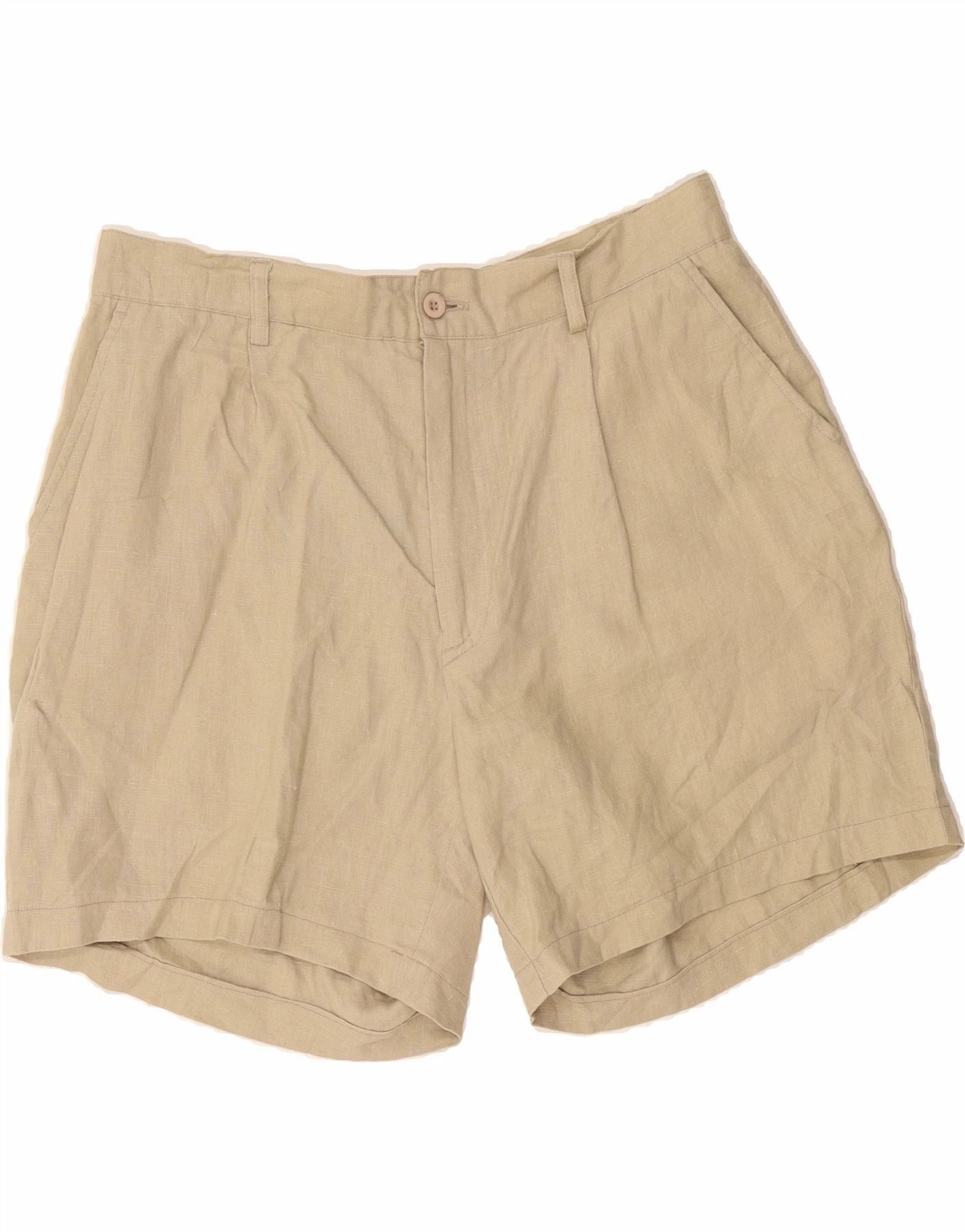 Loose Fit GREEN LEAVES Mens Bermuda Shorts W34 Large Beige Linen