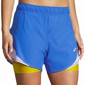 Brooks 5 Inch Chaser 2 In 1 Womens Running Shorts - Blue Rubberized Waist Grip No Wrinkle