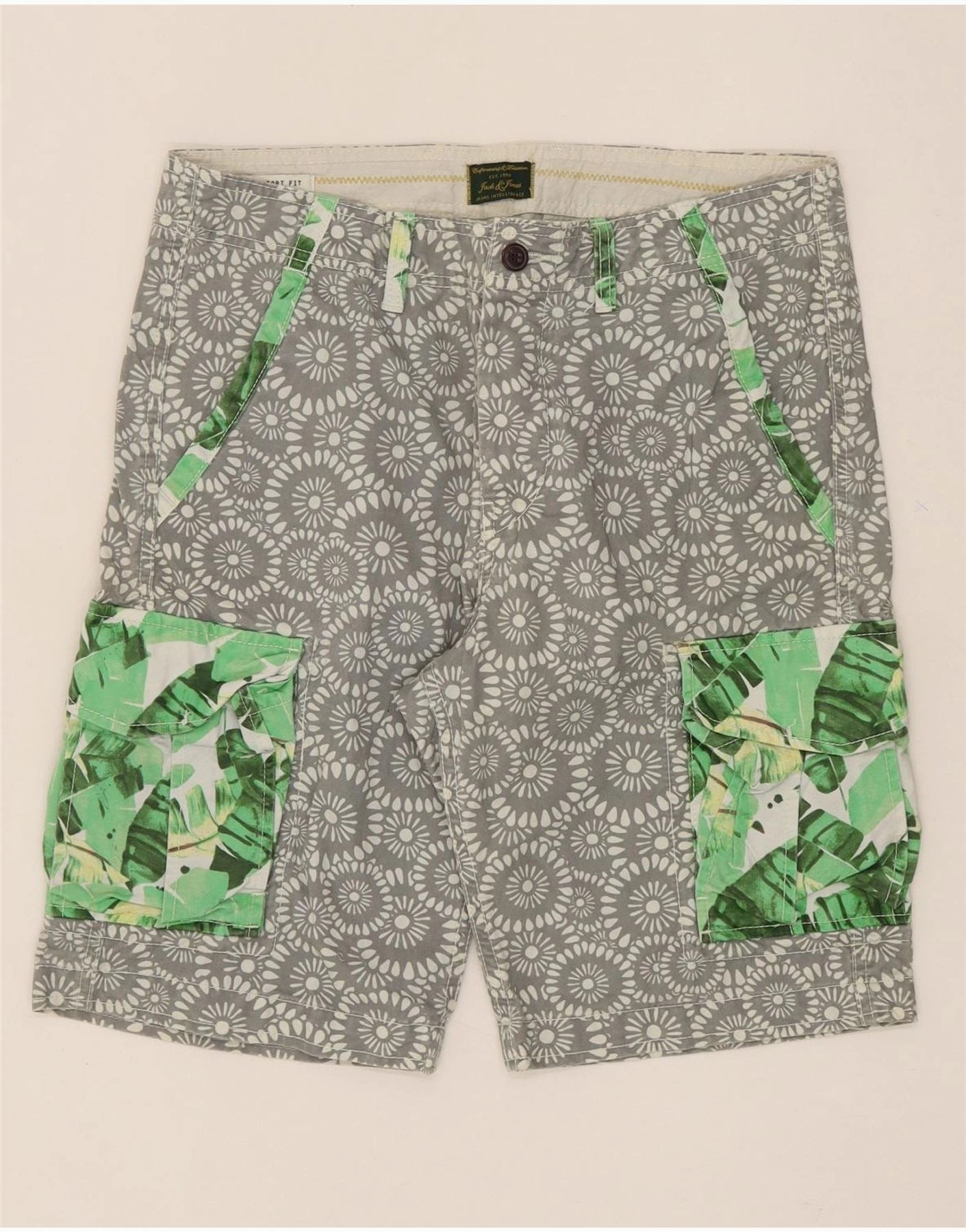 ReinforcedStressPoints Stay Cool JACK & JONES Mens Comfort Fit Cargo Shorts Medium W32  Grey Floral Cotton