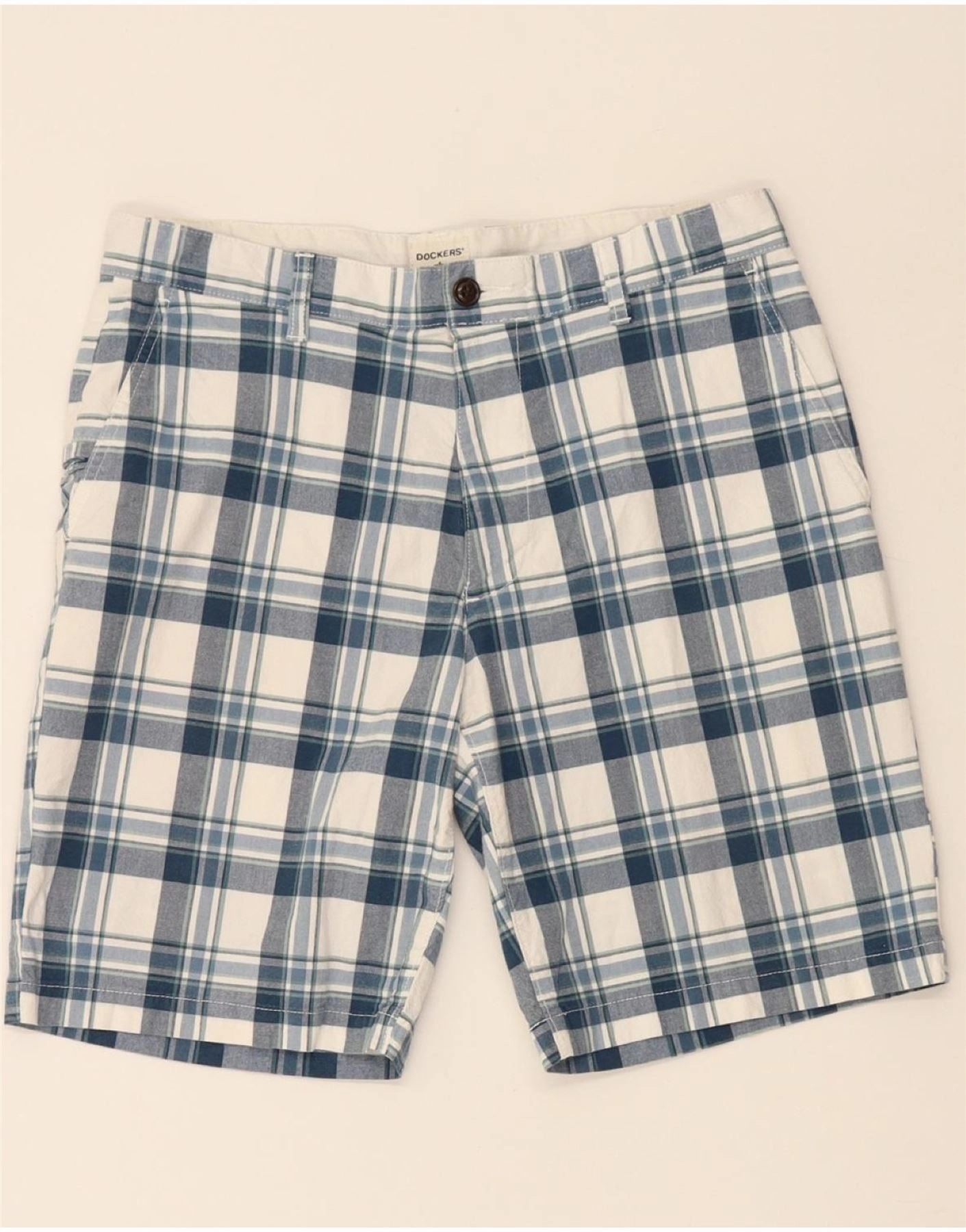 DOCKERS Mens Cargo Shorts W33 Medium Blue Check Cotton Relaxed Fit Anti Slip Waist Grip