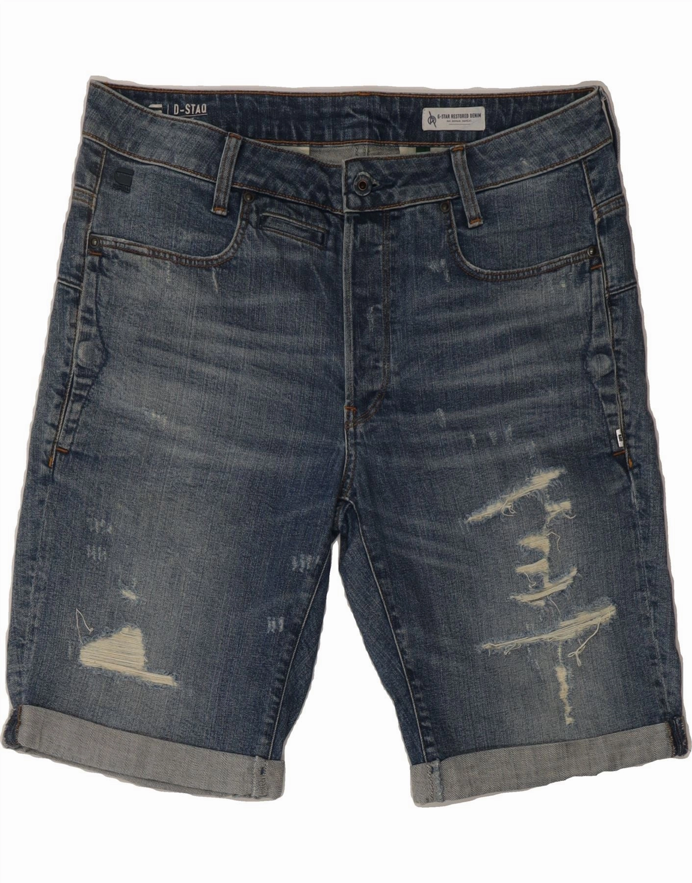 Free Size Adjuster G-STAR Mens Straight Distressed Denim Shorts  W34 Large  Blue Cotton