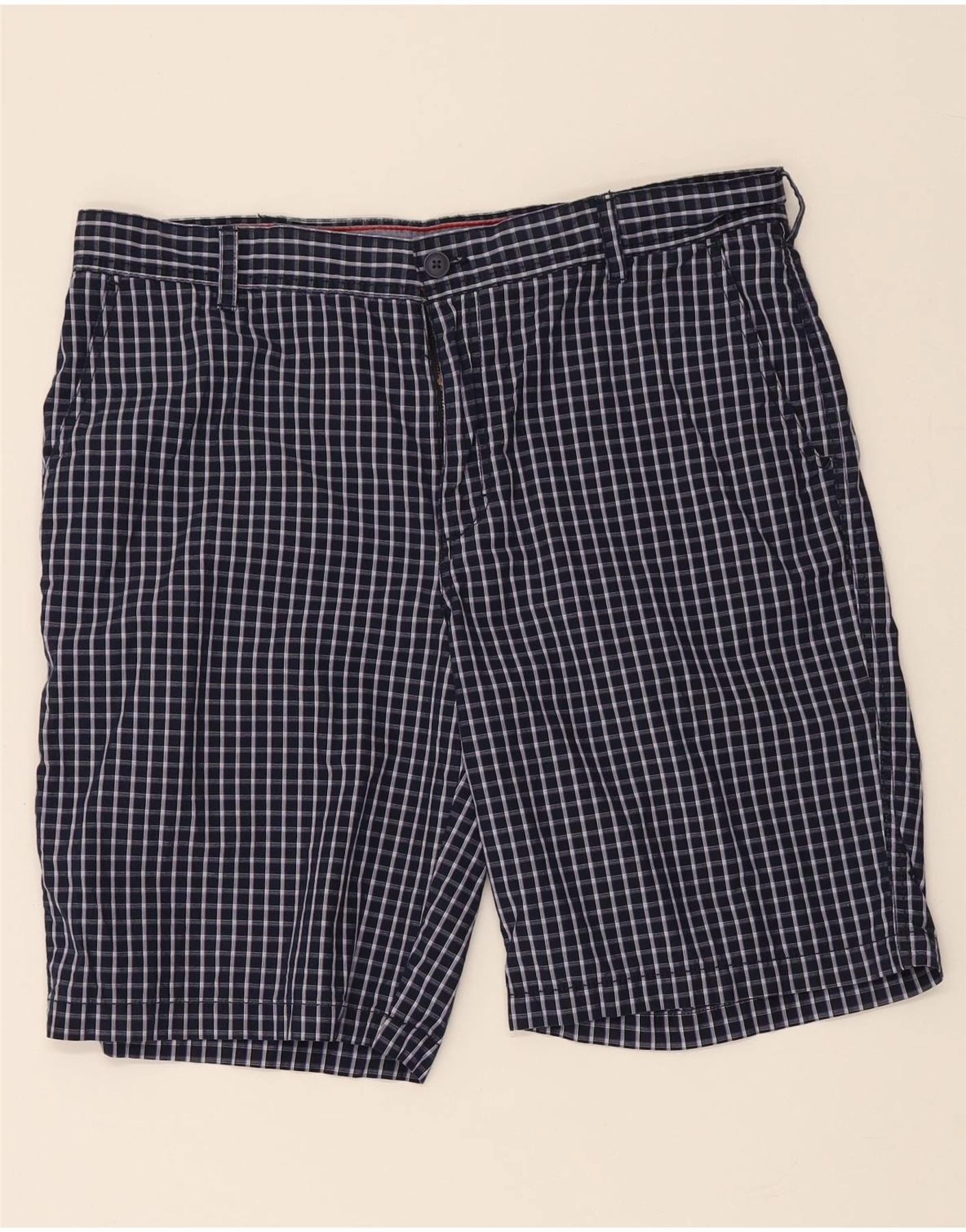 Unisex Secure Closure System IZOD Mens Chino Shorts W36 Large Navy Blue Check Cotton