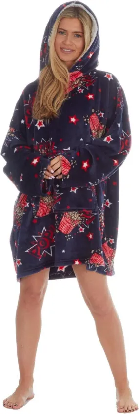 Oversized Cut Button up pockets Huggable Hoodie Fleece Oversized Blanket Hoody - Blue