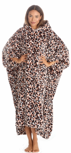 Minimal Style Huggable Hoodie Oversized Wearable Blanket Womens Fleece Hoody - Leopard