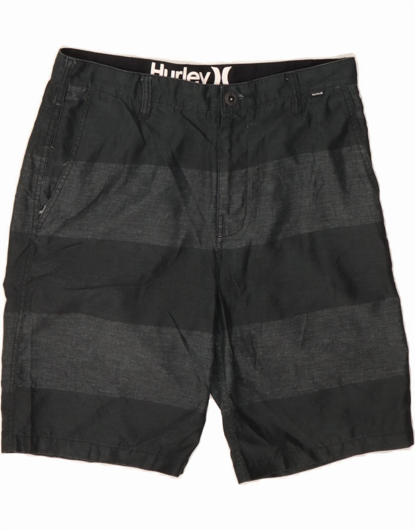 HURLEY Mens Chino Shorts W32 Medium Black Striped Polyester Free Fit Tactical Attachment Loops