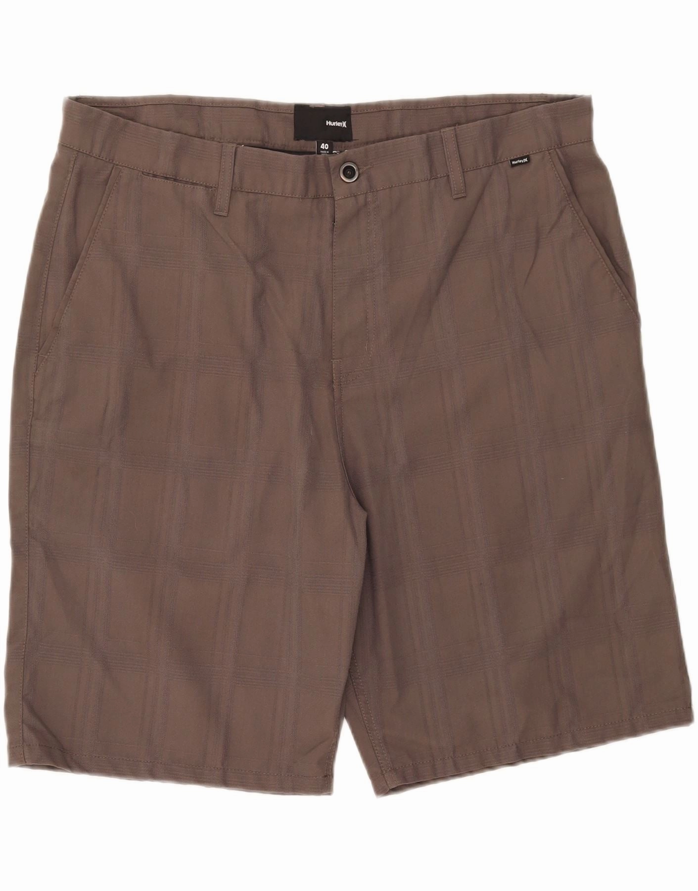 HURLEY Mens Chino Shorts W40 XL  Brown Check Polyester Sleek Cut Comfortable Design