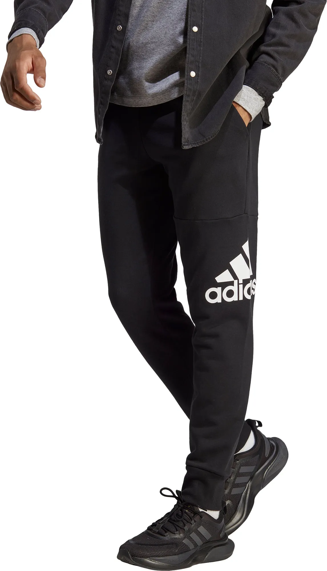adidas Essentials Tapered Cuff Logo Mens Joggers - Black Barrel Waist HiddenPockets