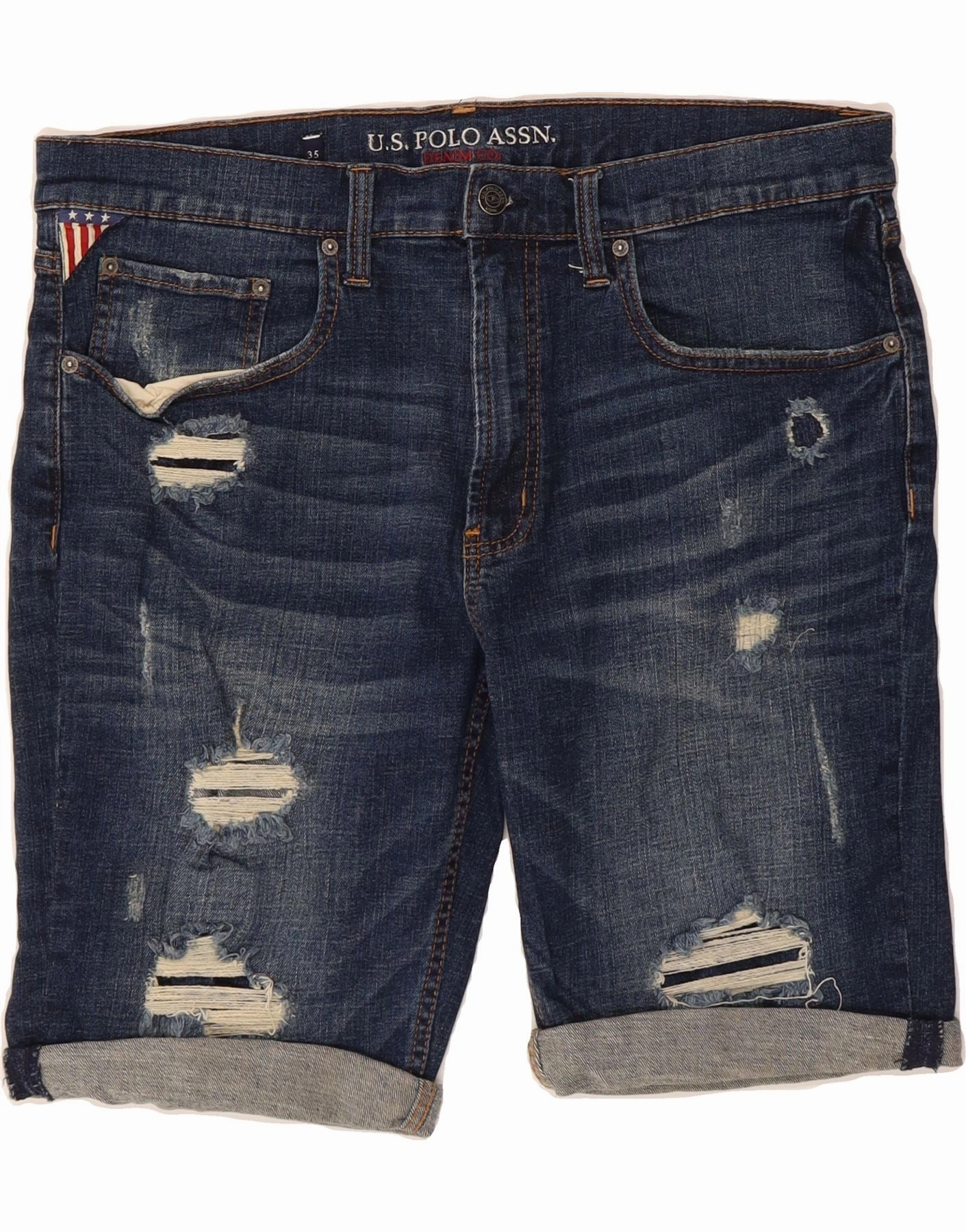 Skinny Fit Tapered leg U.S. POLO ASSN. Mens Distressed Denim Shorts W35 Large  Blue Cotton