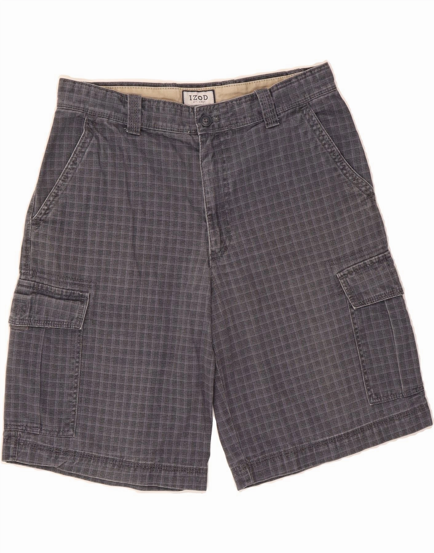 IZOD Mens Cargo Shorts W32 Medium  Grey Check Cotton Travel Light Sports Comfort
