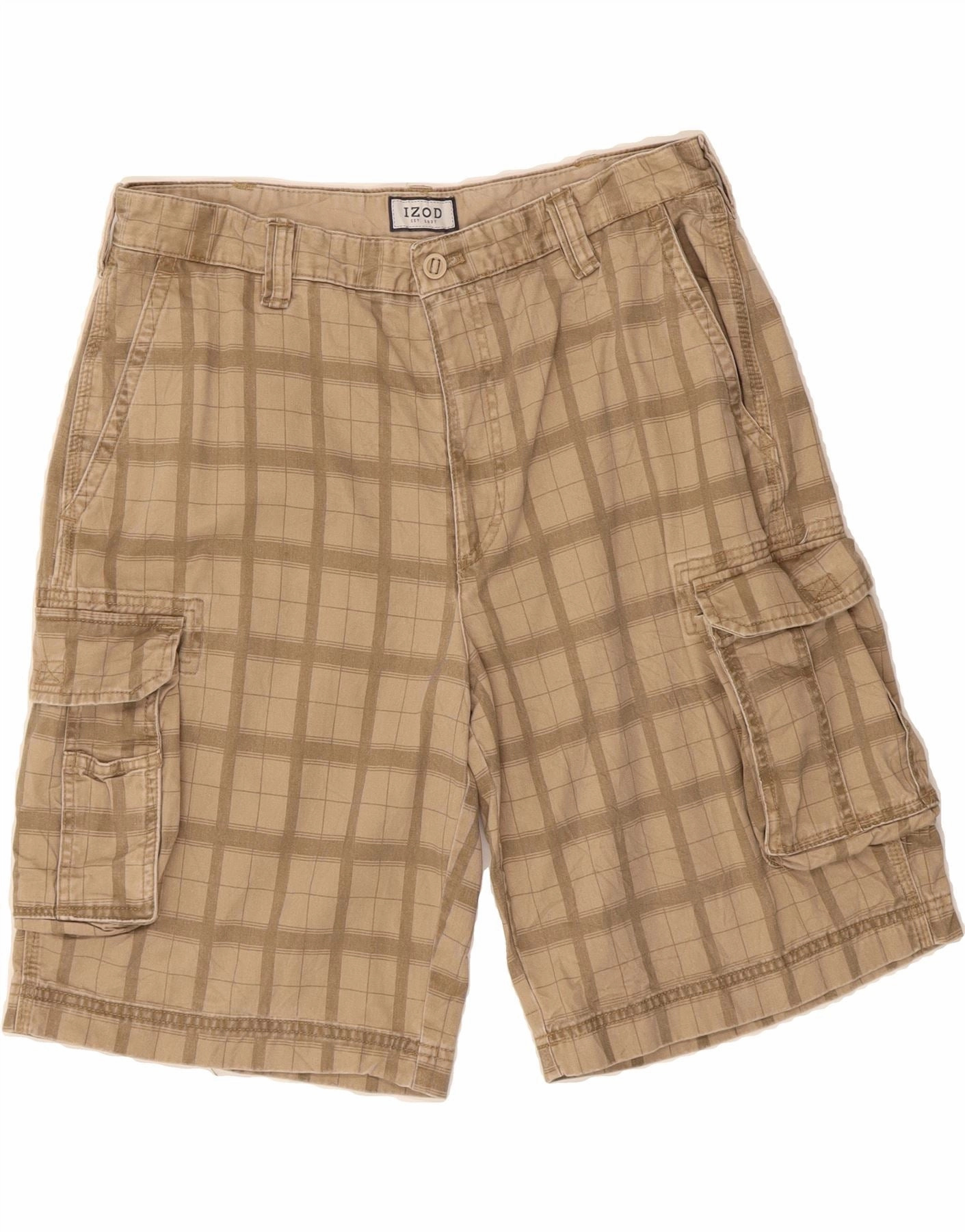 Relaxed Look IZOD Mens Cargo Shorts W36 Large Beige Check Cotton