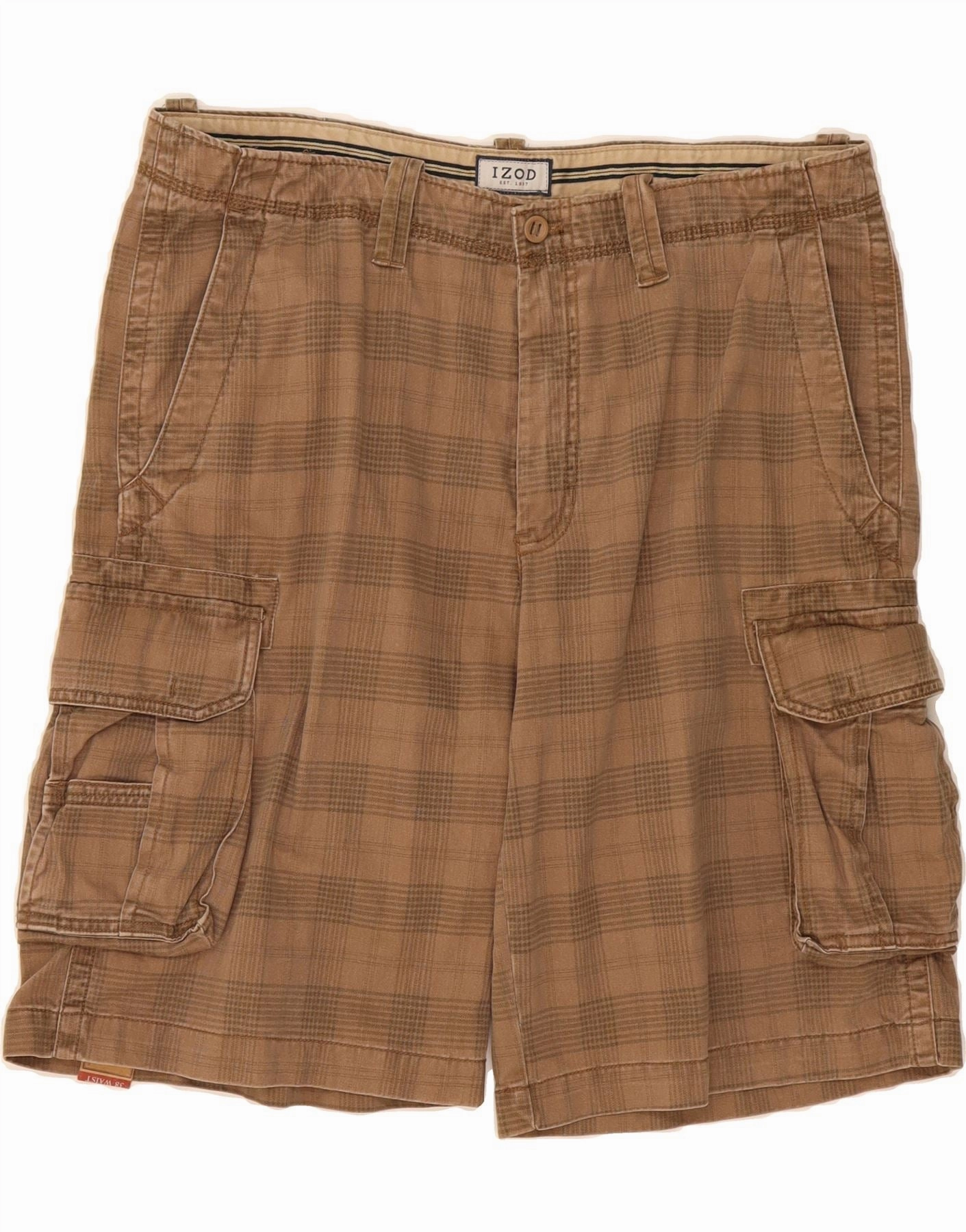 IZOD Mens Cargo Shorts W38 XL Brown Check Cotton Everyday Outfit