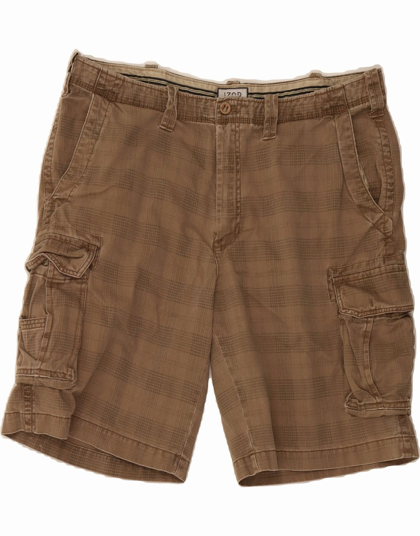 IZOD Mens Cargo Shorts W40 XL Brown Check Cotton hypoallergenic QuickAccessPockets