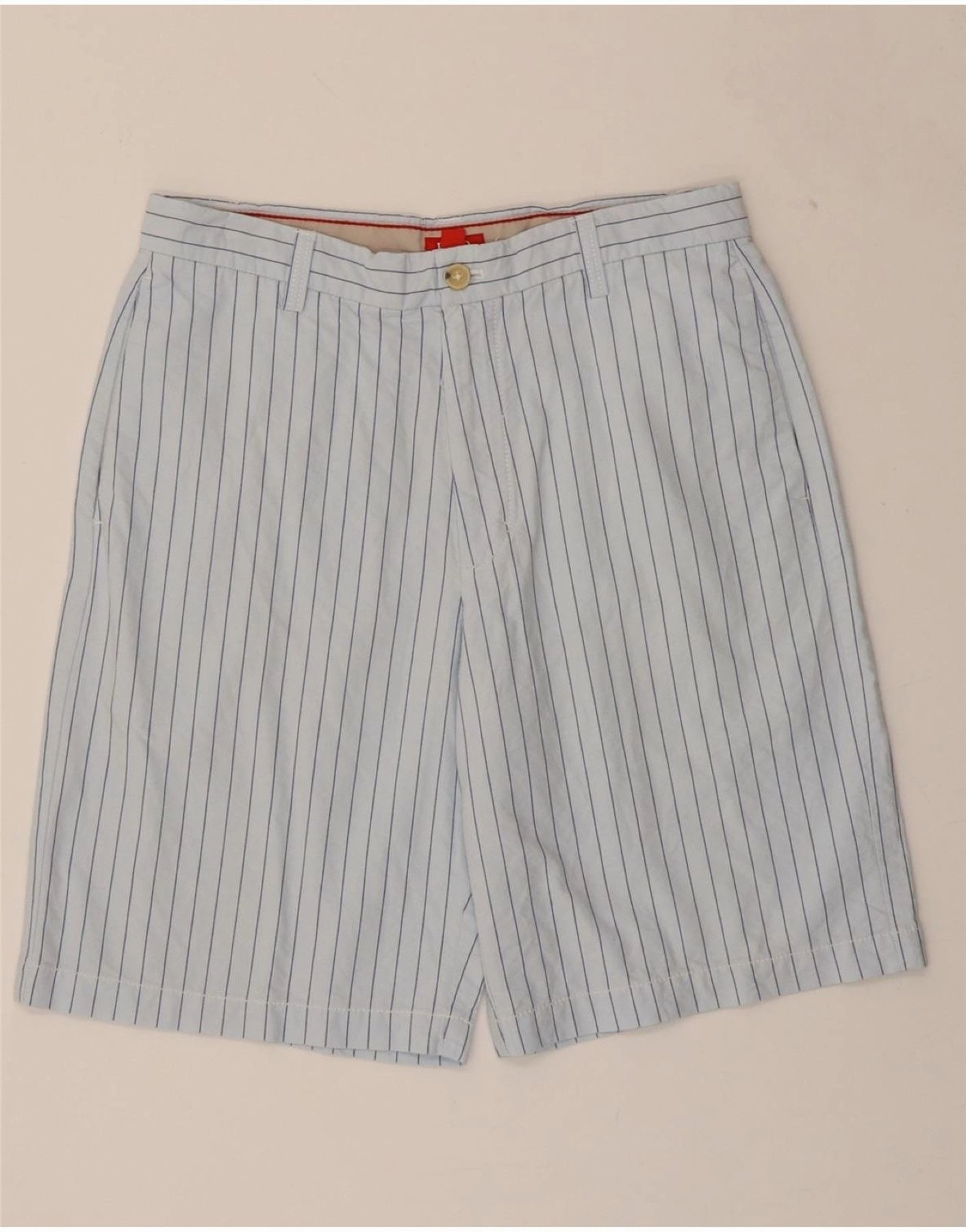 IZOD Mens Casual Shorts W32 Medium Blue Pinstripe Cotton Double Layered Knees Performance Look