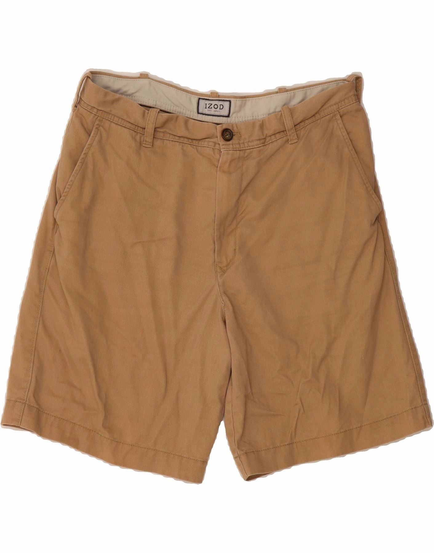IZOD Mens Chino Shorts W34 Large  Brown Cotton Easy Adjust Drawcord Compact Storage Pocket