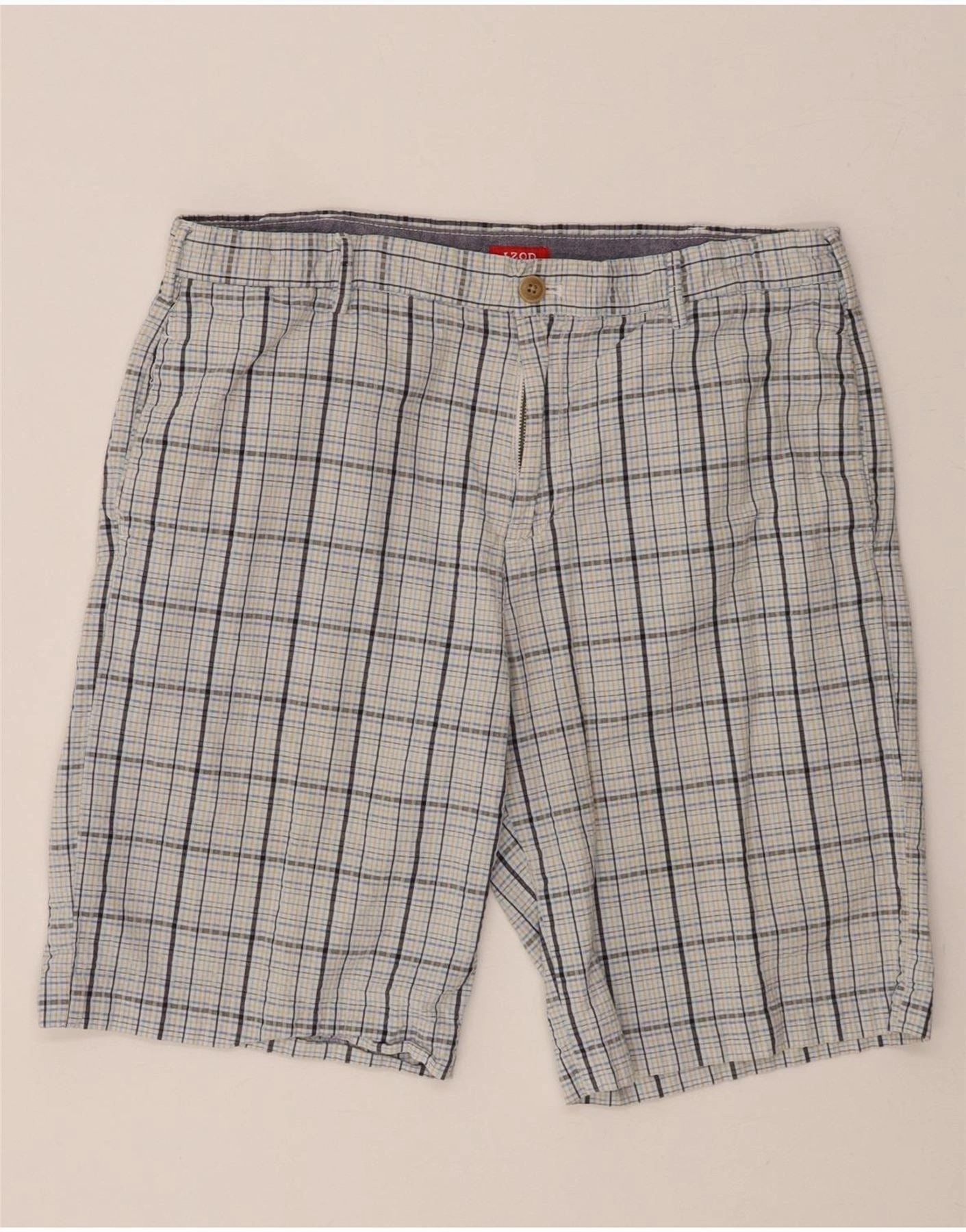 Adjustable Fit Run Ready IZOD Mens Chino Shorts W36 Large Blue Check Cotton