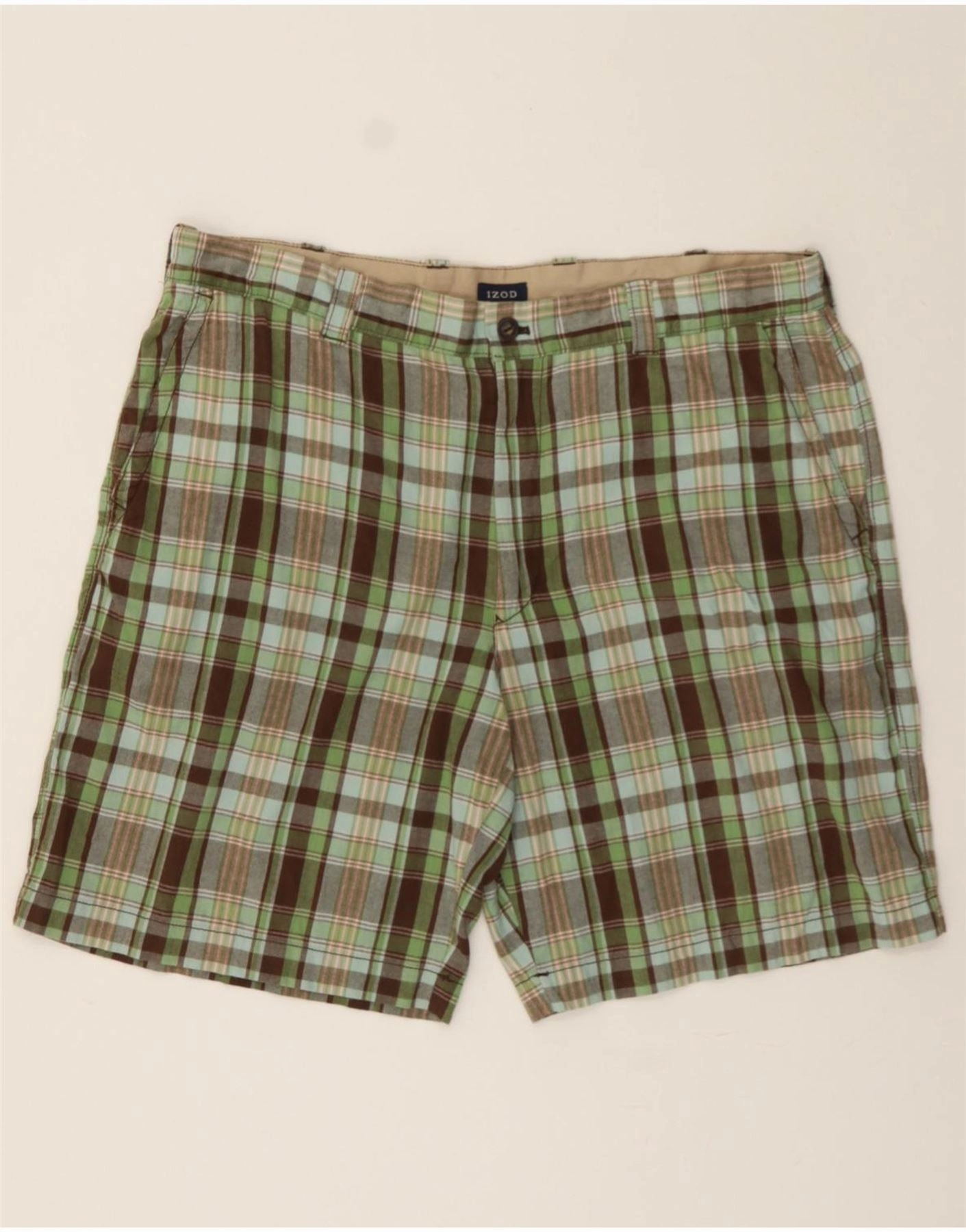 IZOD Mens Chino Shorts W40 XL Green Check Cotton Comfy Cut denim material