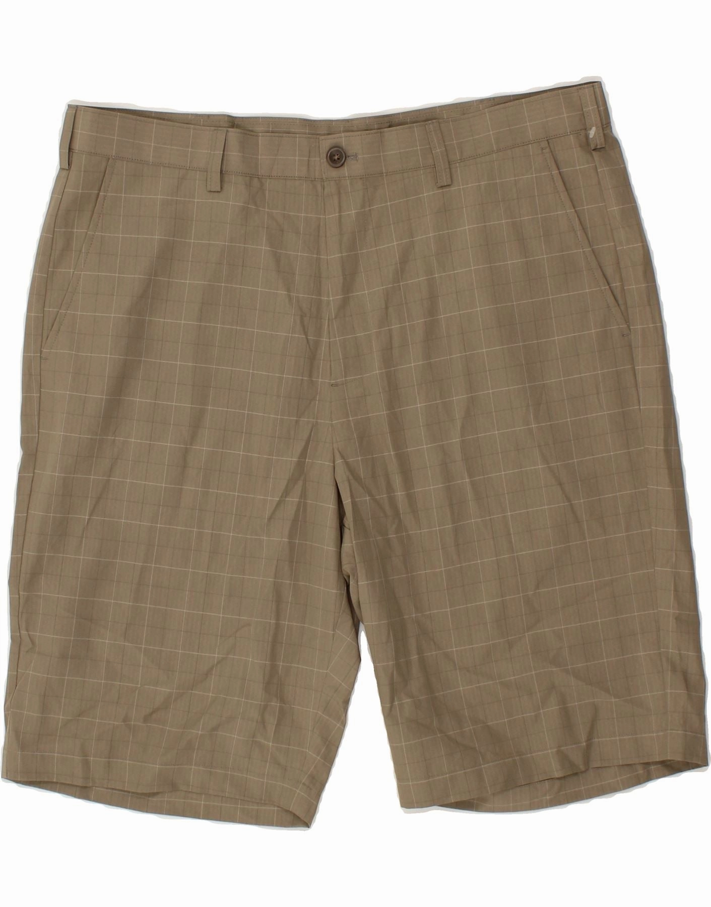 IZOD Mens Golf Classic Fit Chino Shorts W38 XL Khaki Check Polyester Quick Access Zip Pockets