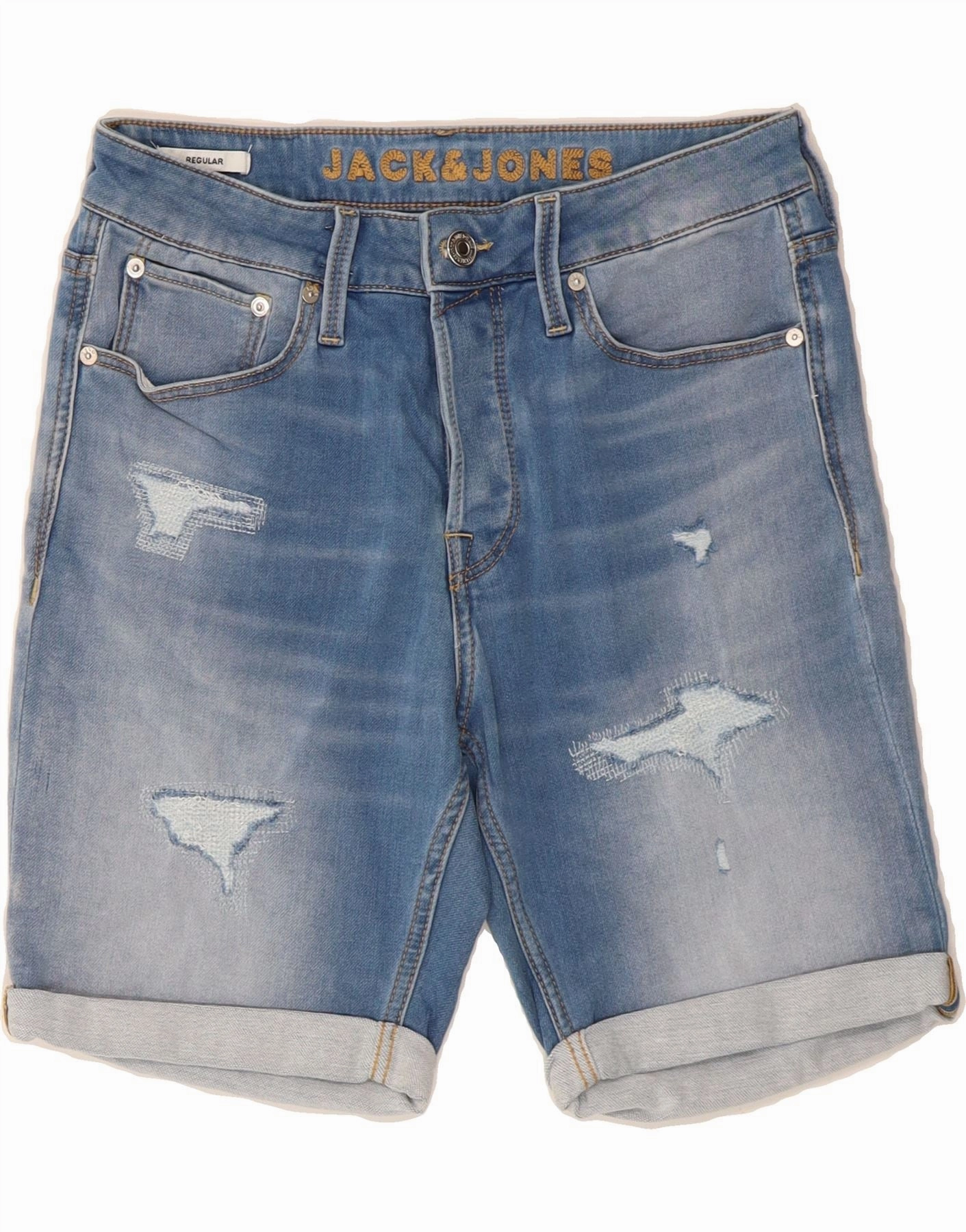 JACK & JONES Mens Distressed Regular Denim Shorts Small W29  Blue Cotton Stretch waistband Street Mood