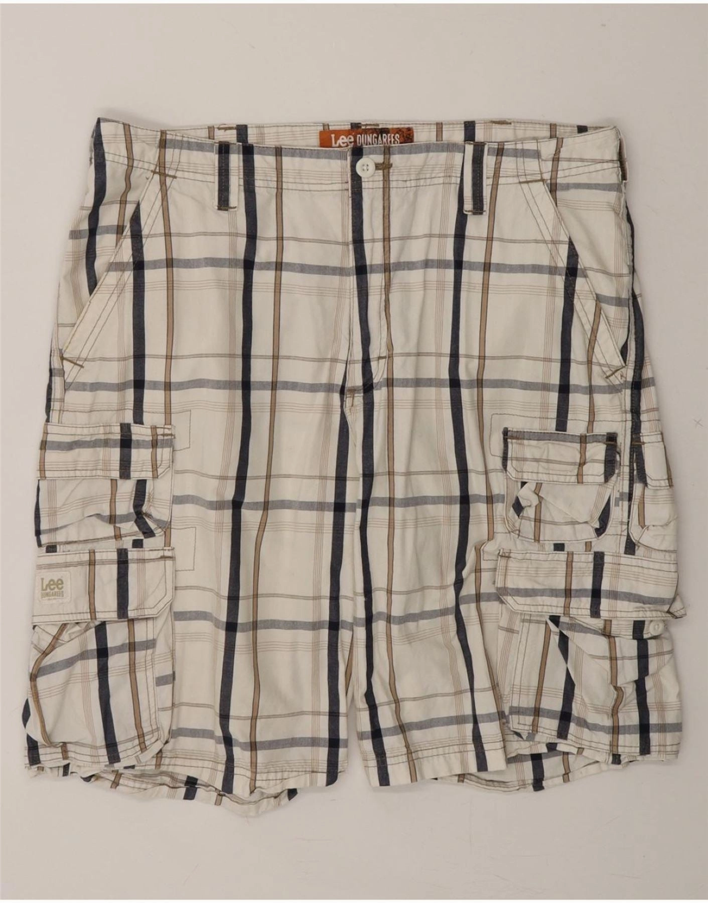LEE Mens Dungarees Cargo Shorts W36 Large  White Check Cotton Sweat Wicking Channels All Purpose Fit