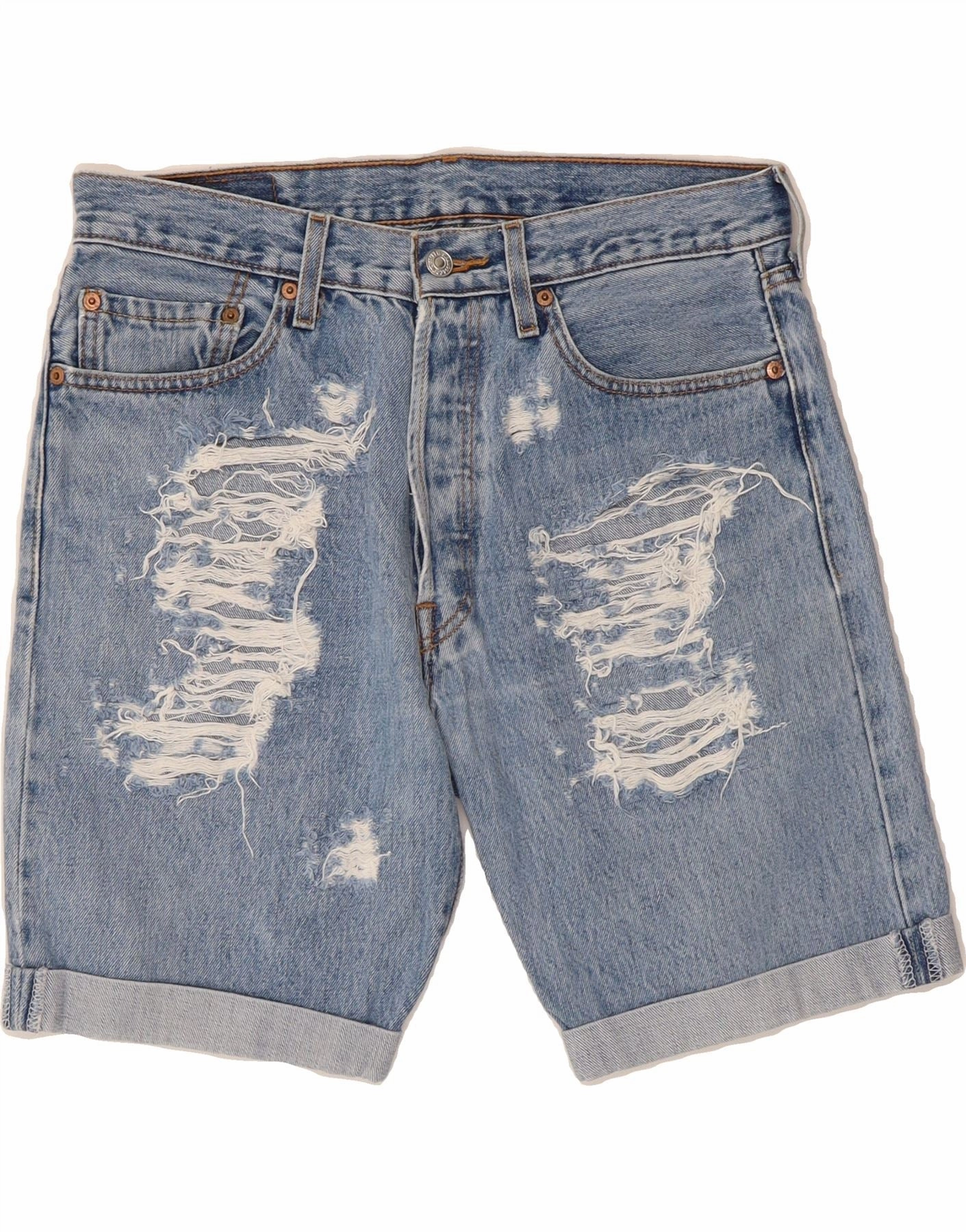 LEVI'S Mens 501 Distressed Denim Shorts W33 Medium Blue Cotton Fitness Friendly Anti Sag Technology