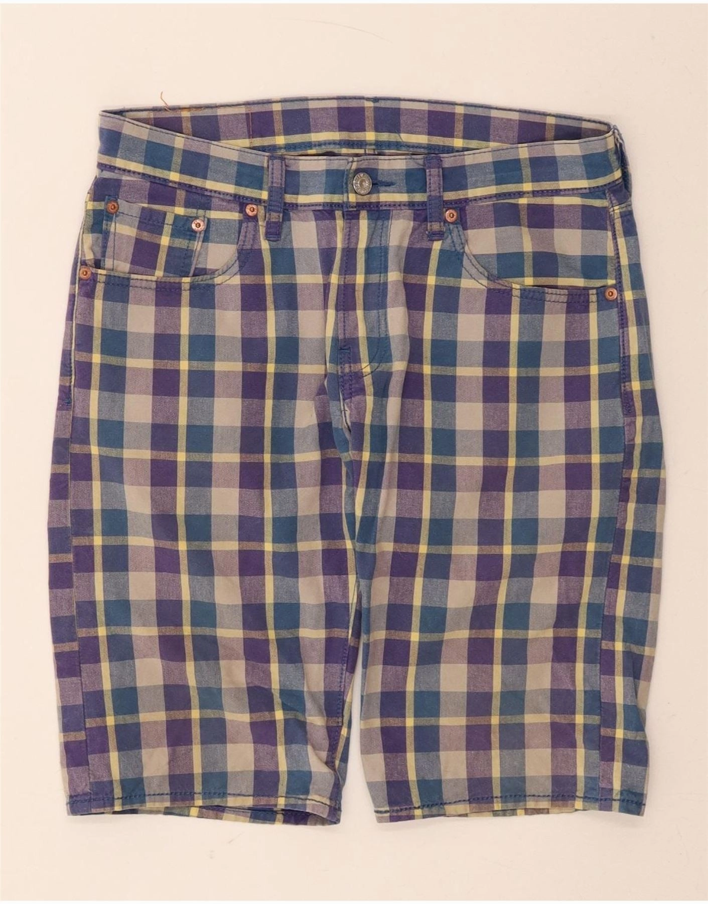 color - fast LEVI'S Mens 504 Regular Fit Casual Shorts W30 Medium  Blue Check Cotton