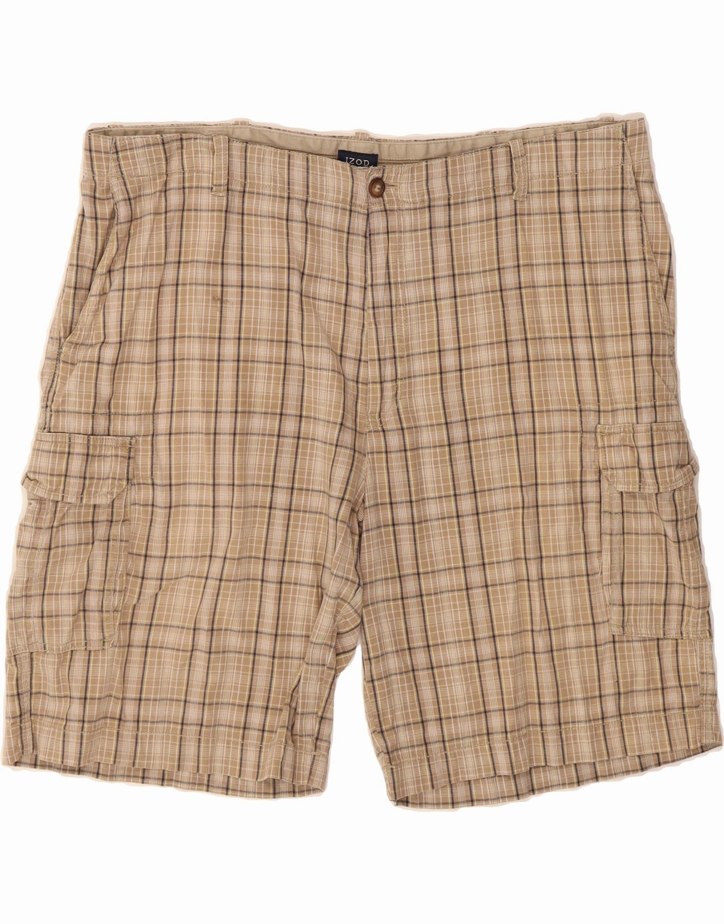 IZOD Mens Cargo Shorts W42 2XL Beige Check Cotton Simple Appeal