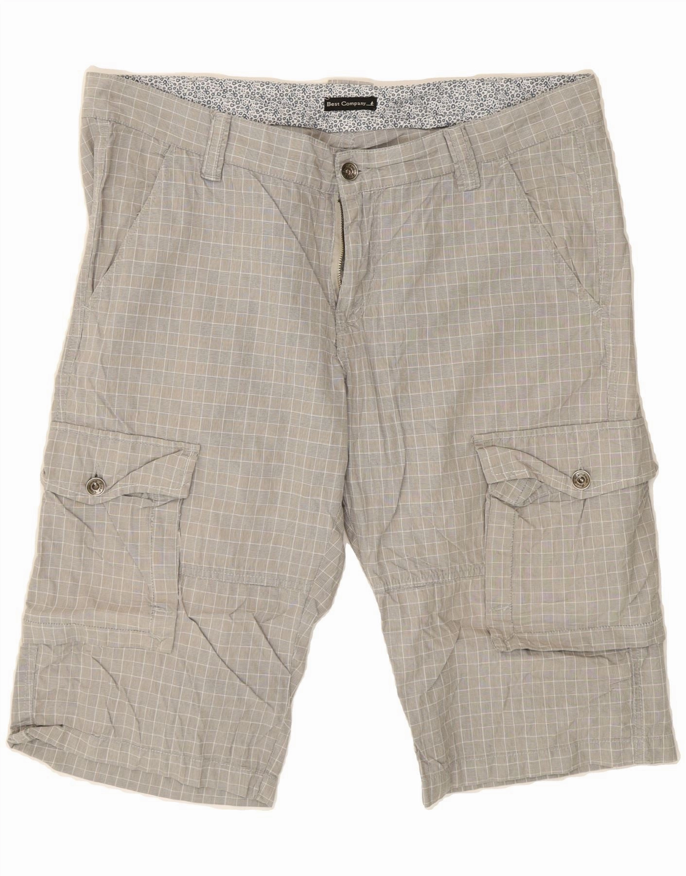 BEST COMPANY Mens Cargo Shorts XL Grey Check muted colors