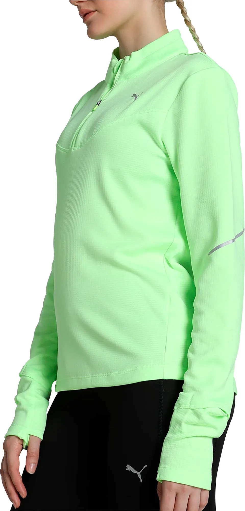 EcoFriendly Dye Wrinkle Resistant Puma Run Grid Fleece Half-Zip Long Sleeve Womens Running Top - Green