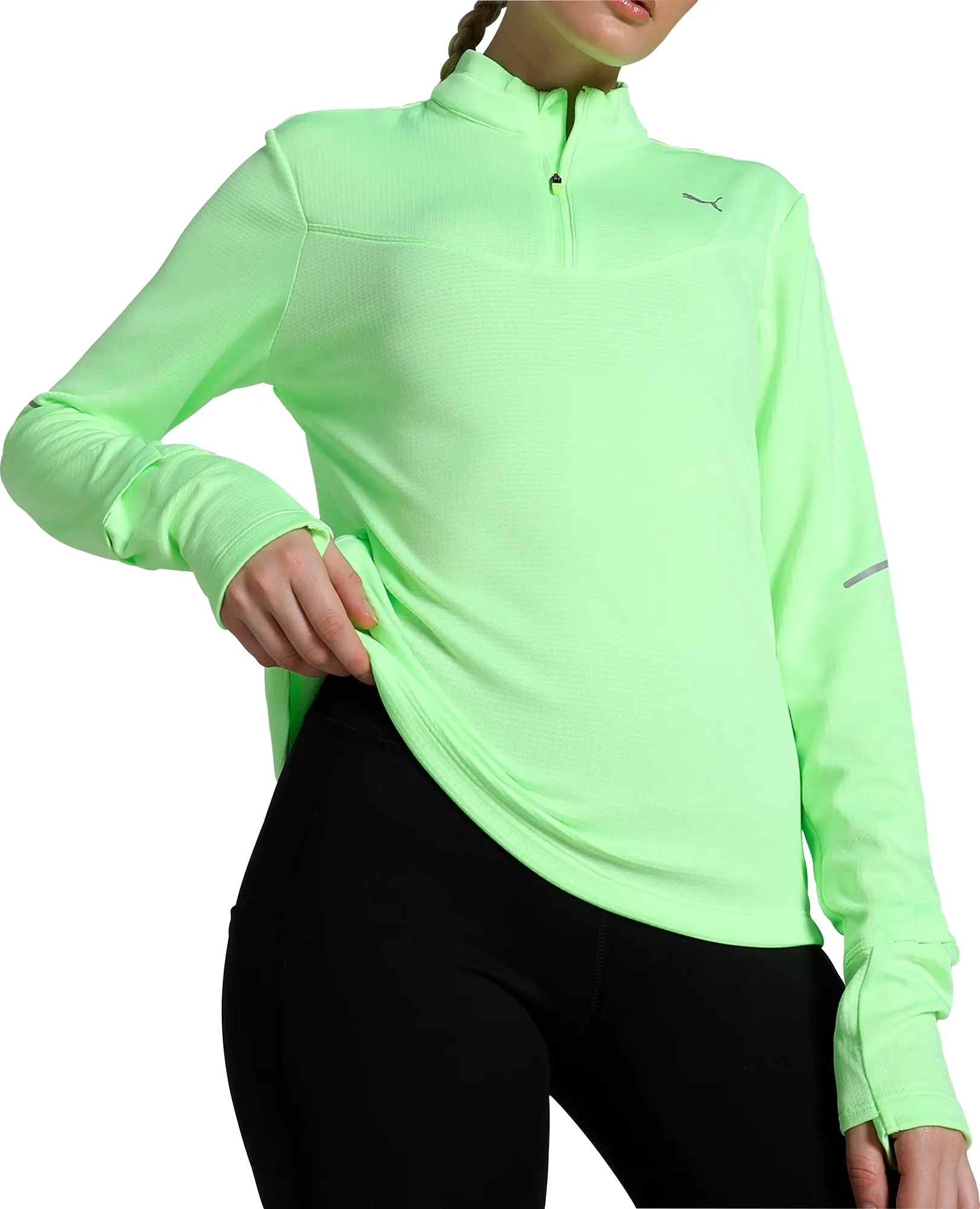 Puma Run Grid Fleece Half-Zip Long Sleeve Womens Running Top - Green Versatile Design Perfect Layer