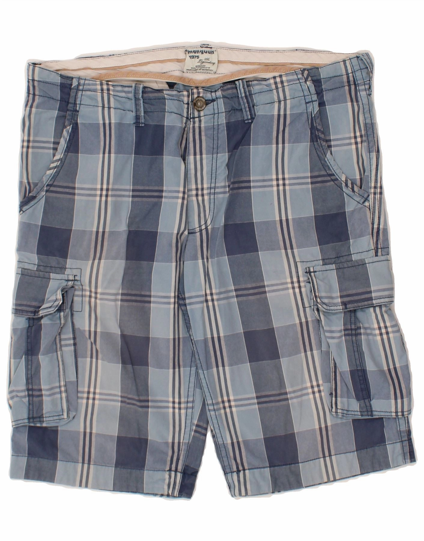 Flexible Support MANGUUN Mens Cargo Shorts W36 Large  Blue Check Cotton