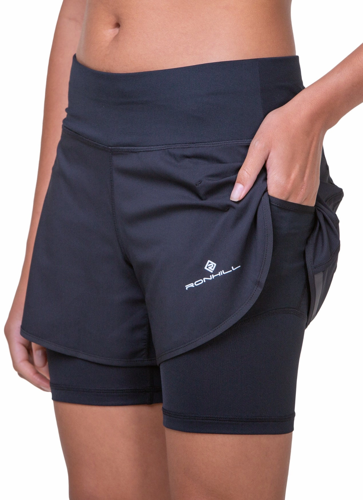 Ronhill Tech 4.5 Inch Twin 2 in 1 Womens Running Shorts - Black Fitness Look