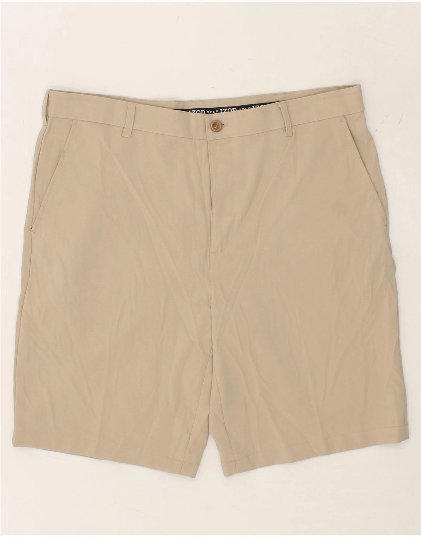 IZOD Mens Chino Shorts W38 XL Beige Polyester Fan gear Dynamic Tension Control