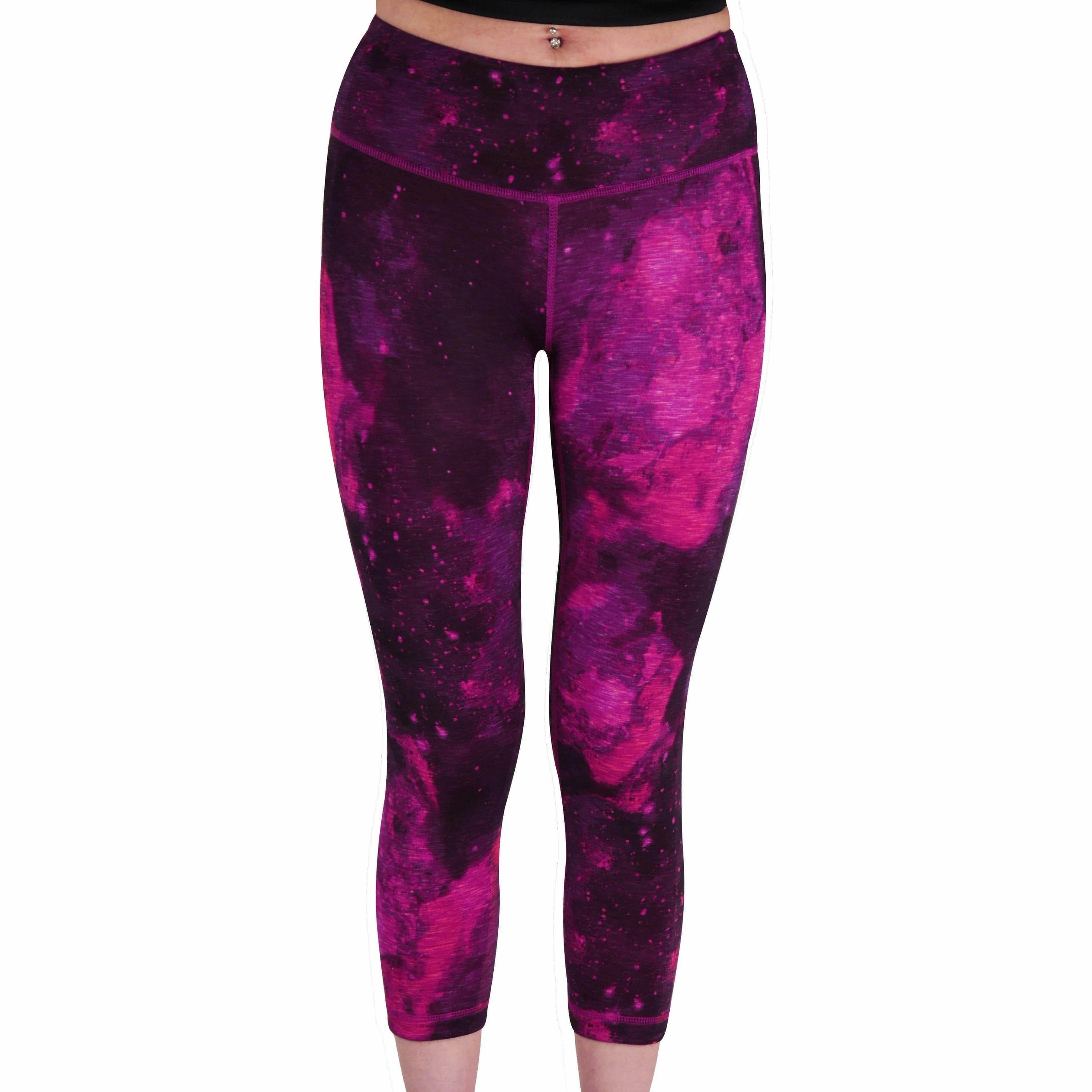 More Mile Reversible Graphic Womens 3/4 Capri Running Tights - Pink Breathable and Soft Compression Support Mountain Hike