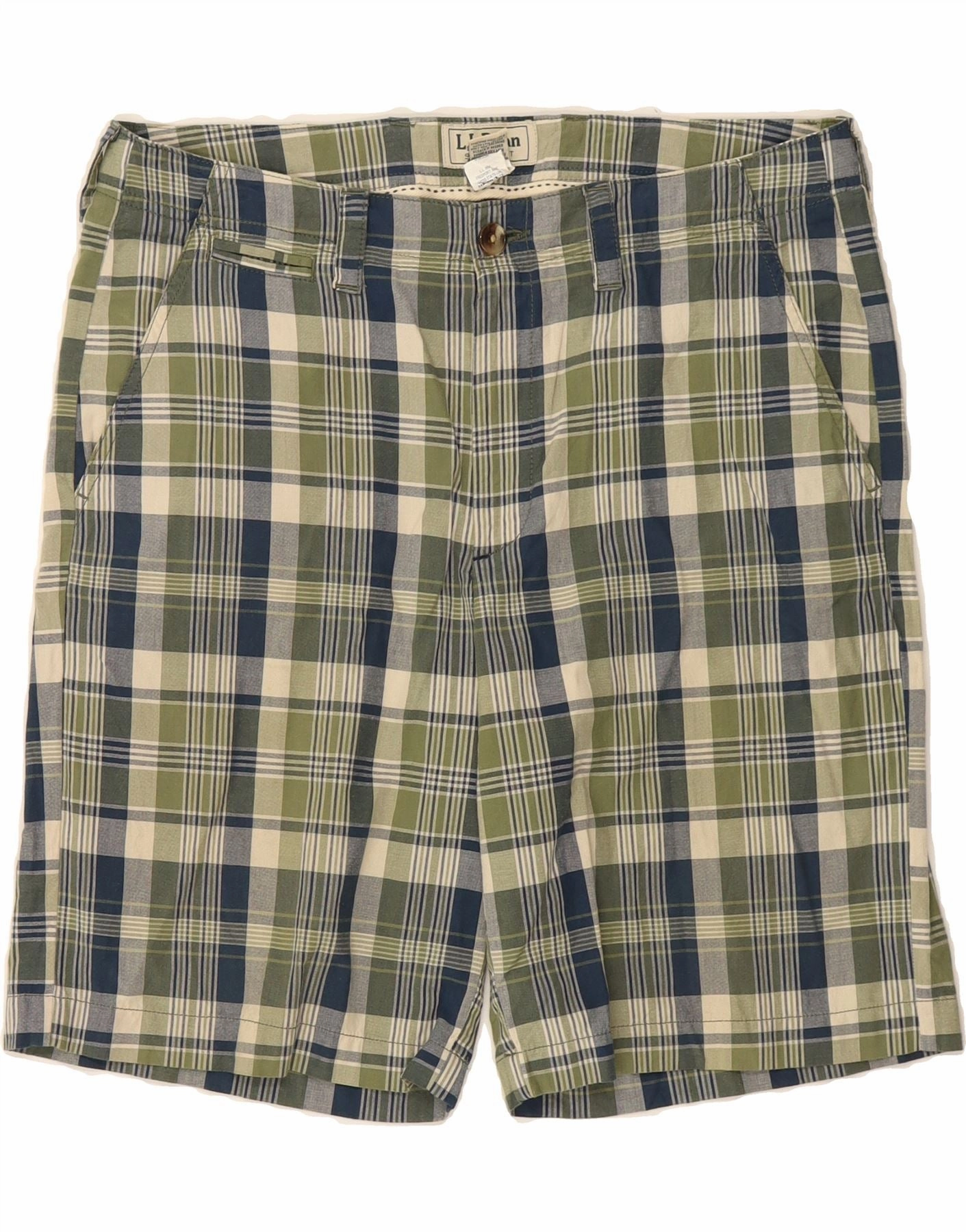 L.L.BEAN Mens Standard Fit Chino Shorts W34 Large  Green Check Cotton Airy Fit