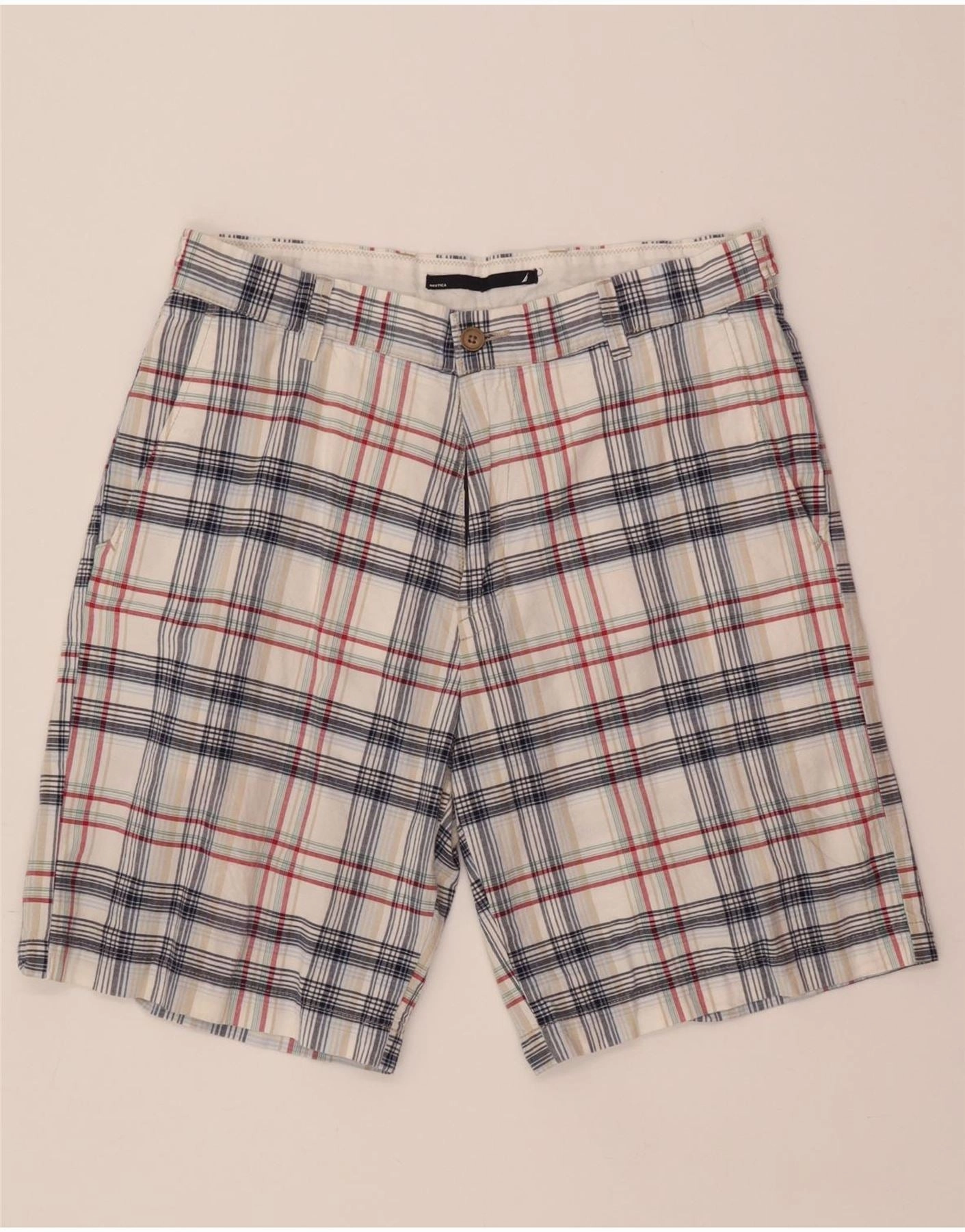semi - formal event Odor Resistant Treatment NAUTICA Mens Chino Shorts W34 Large  White Check Cotton
