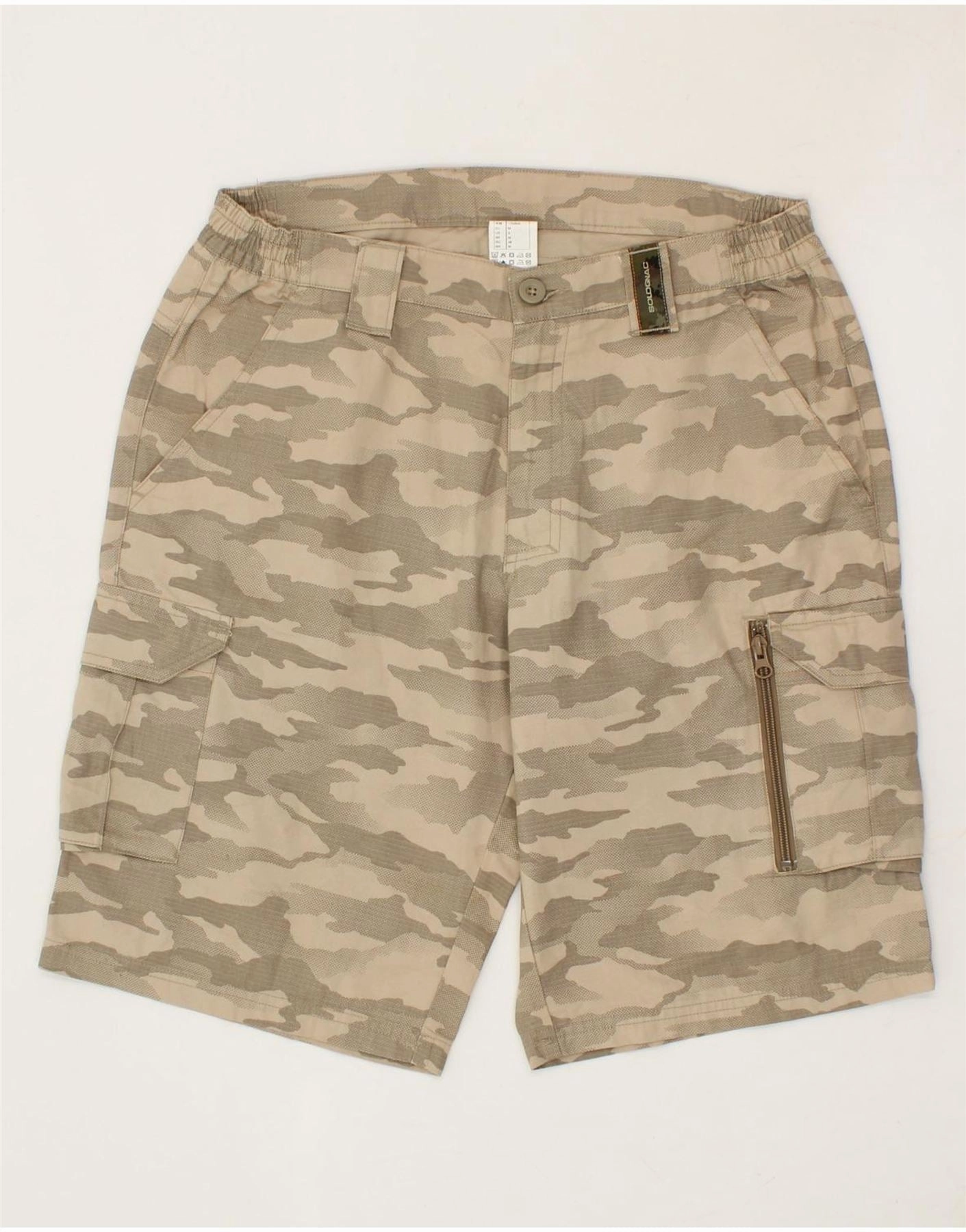 DECATHLON Mens Cargo Shorts Medium W32 Beige Camouflage Cotton Sport Edge