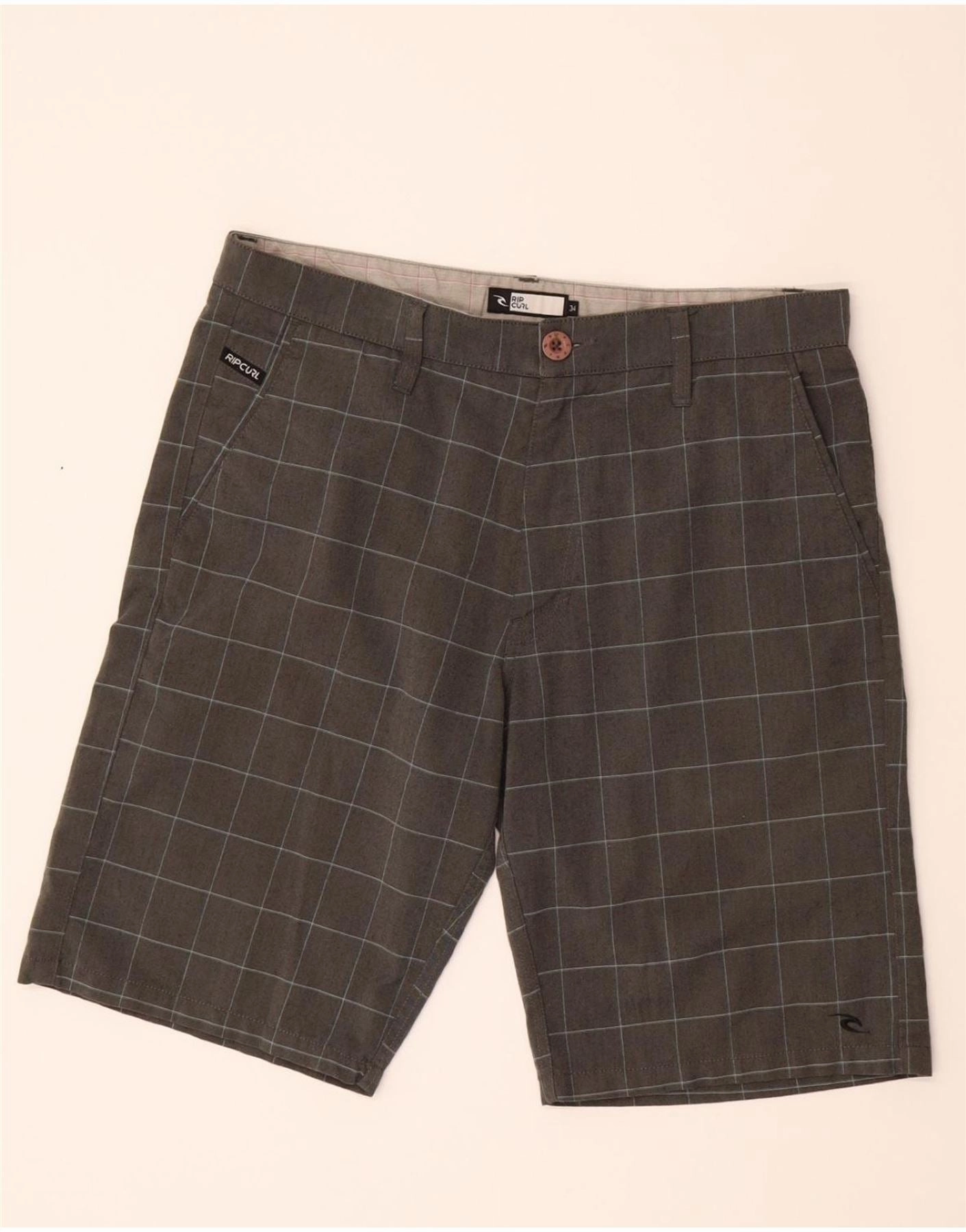 RIP CURL Mens Chino Shorts  W34 Large   Grey Check Polyester Zipper pockets picnic wear