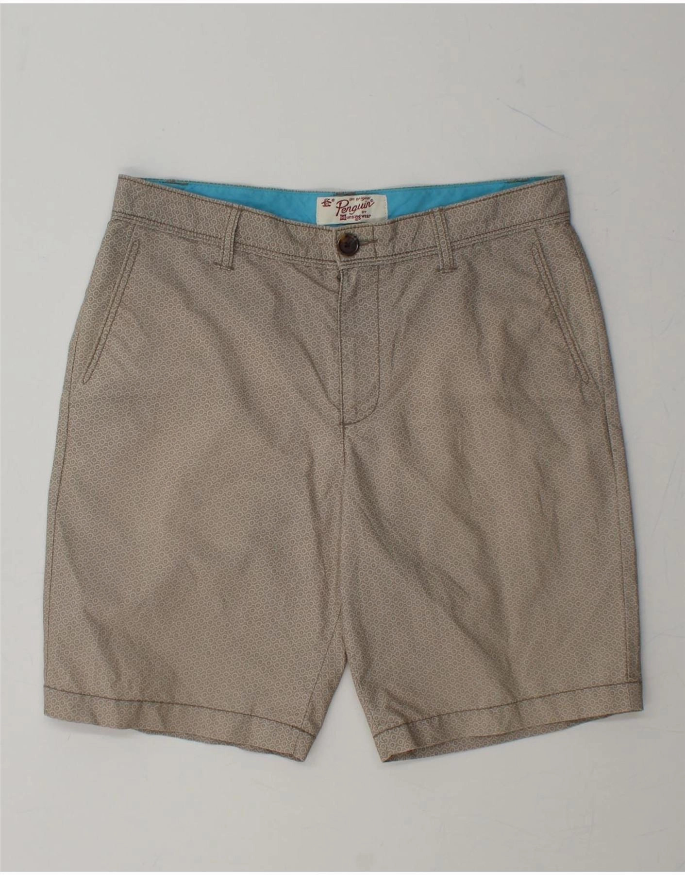 Eco Certified Dye Retroreflective Accents PENGUIN Mens Chino Shorts W32 Medium  Beige Spotted Cotton