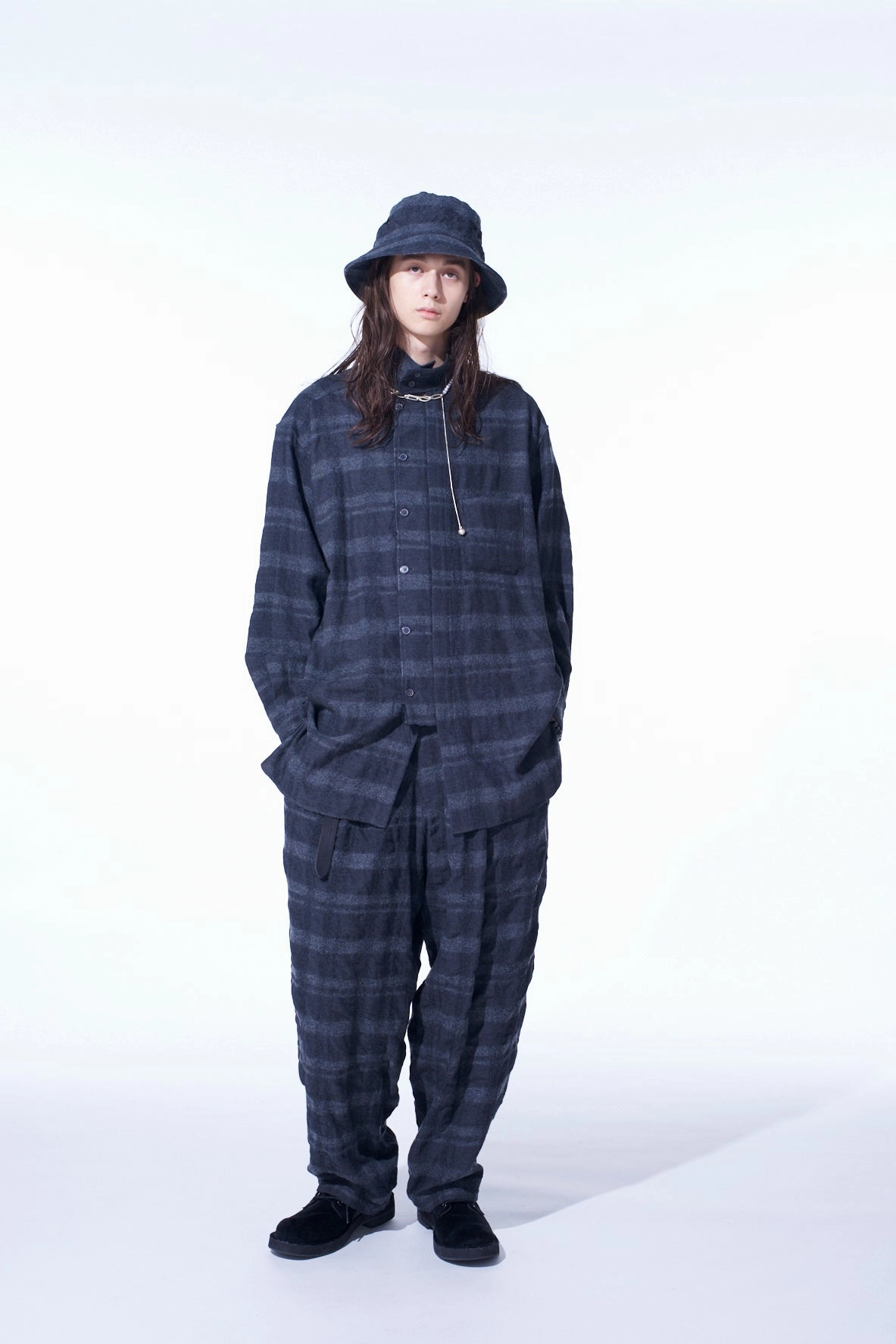 FULLING FINISHED SHADOW CHECK 3-TUCK WIDE TROUSERS BreathableFabric
