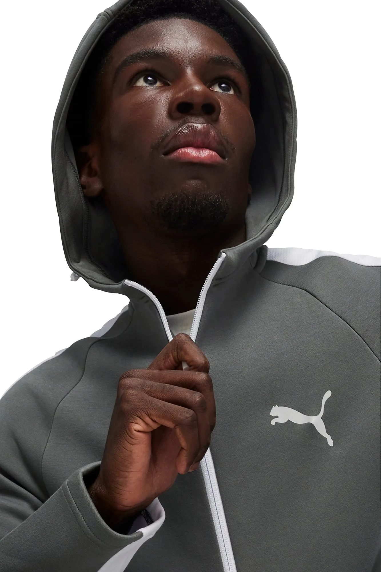 Puma EvoStripe Full Zip Mens Training Hoody - Grey Ribbed Cuffs Leather Accents