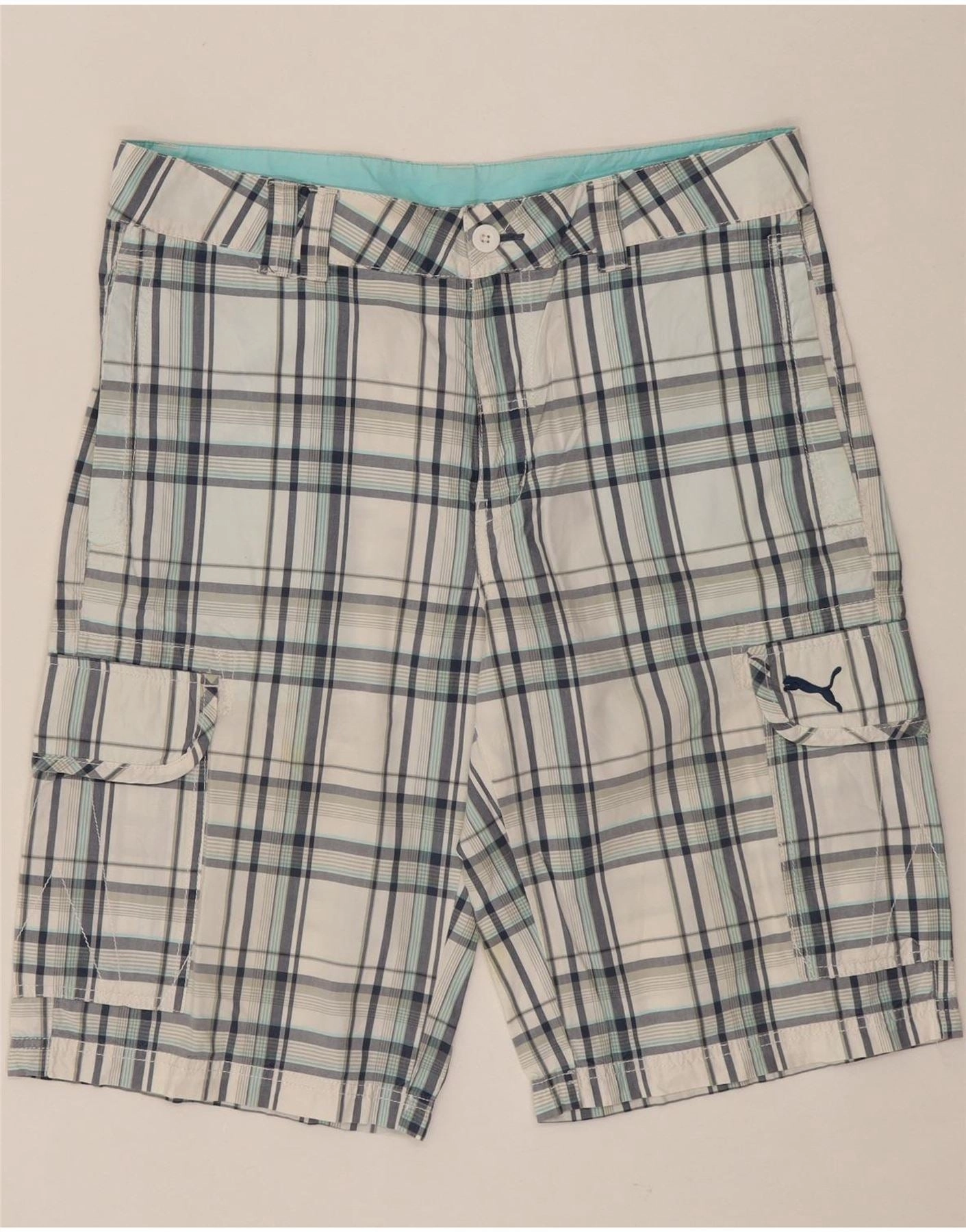 PUMA Mens Cargo Shorts W33 Large White Check Cotton clean look fade - resistant