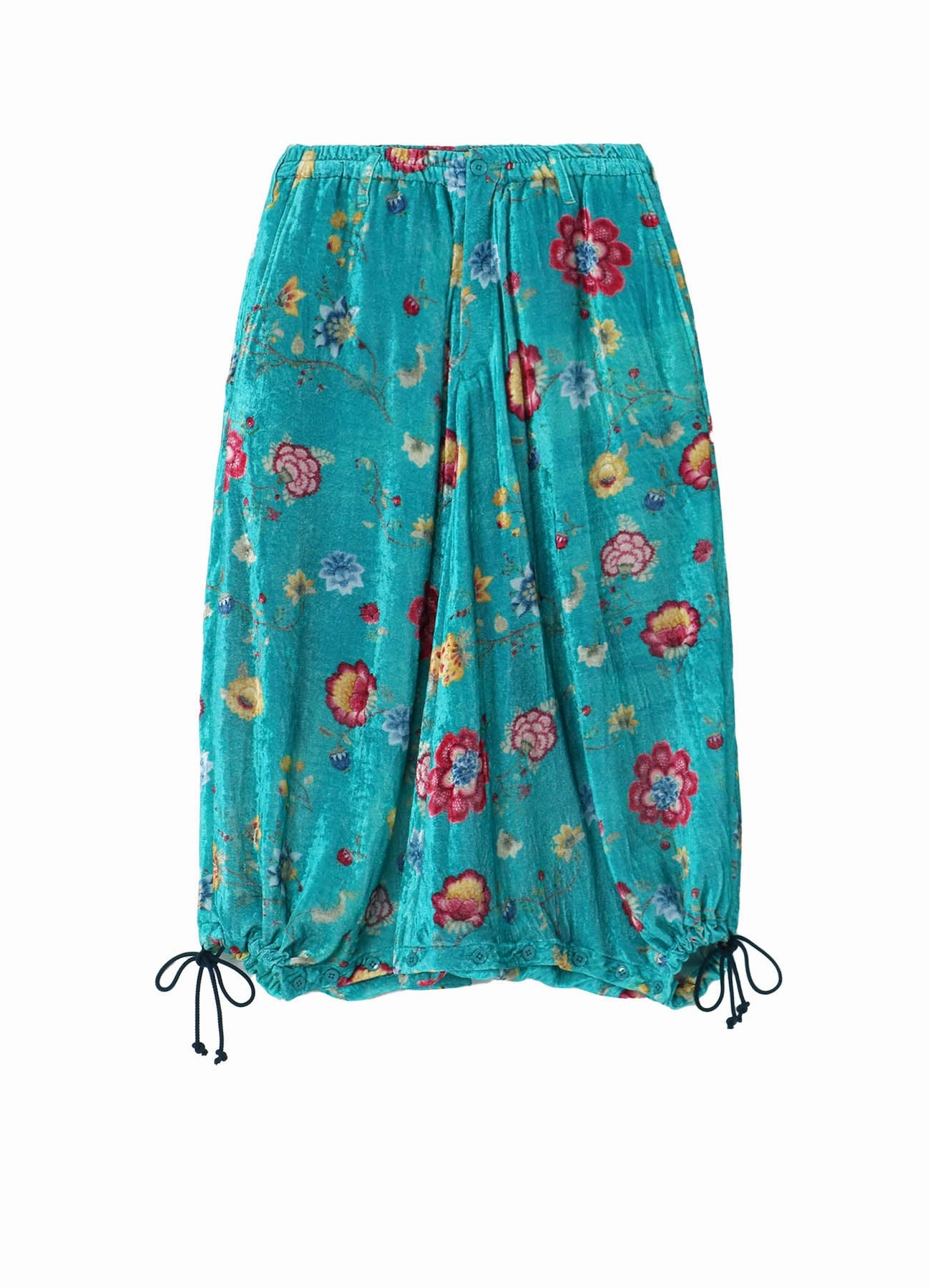 Soft Performance Odor Resistant Treatment RAYON VELVET PRINT CHINESE FLOWER INSEAM BUTTON SAROUEL PANTS