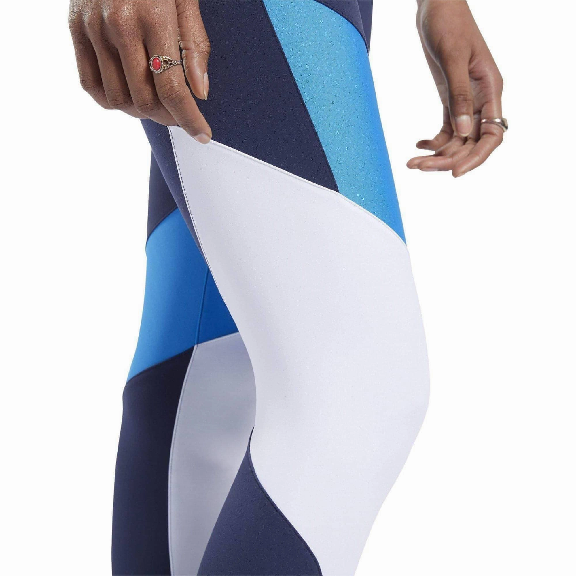 Stylish Stretch Wear Flattering Waist Reebok Lux 2.0 Mid Rise Womens Long Training Tights - Blue