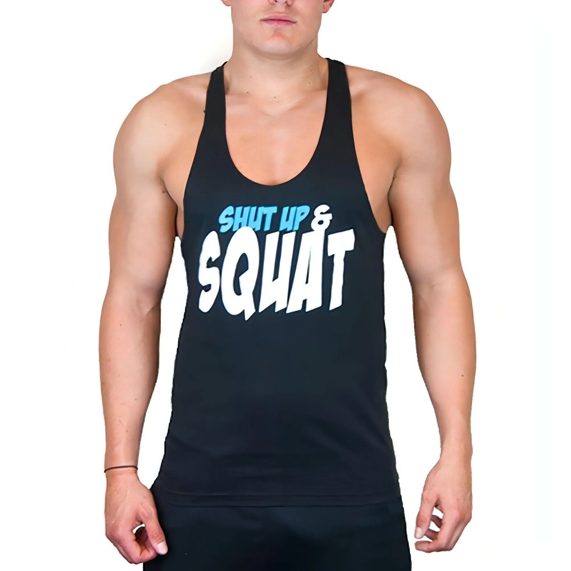 CoreX Fitness Shut Up And Squat Stringer Mens Training Vest - Black non conventional weapons Athletic Performance Fabric