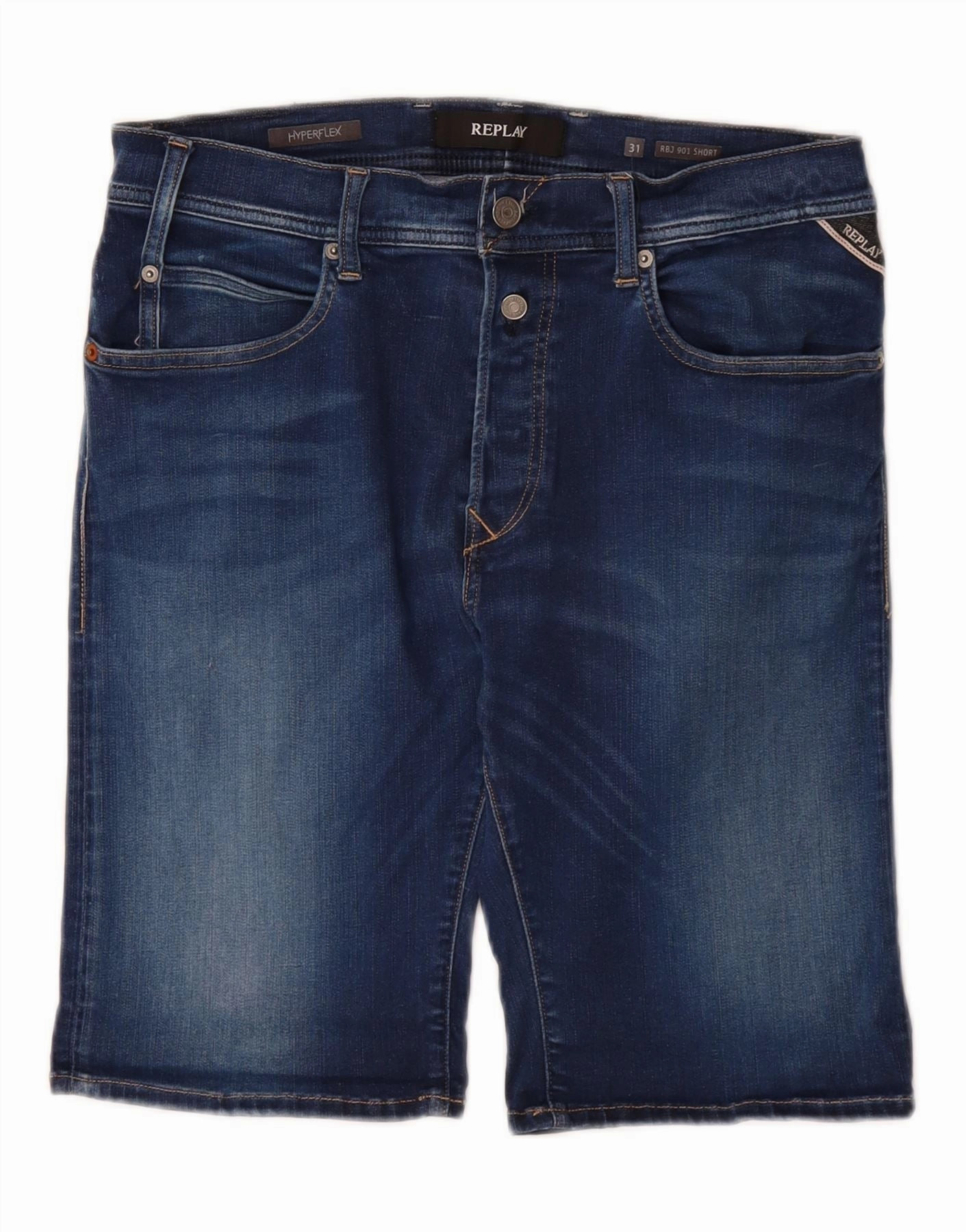 REPLAY Mens Denim Shorts W31 Medium  Blue Cotton Leather Look